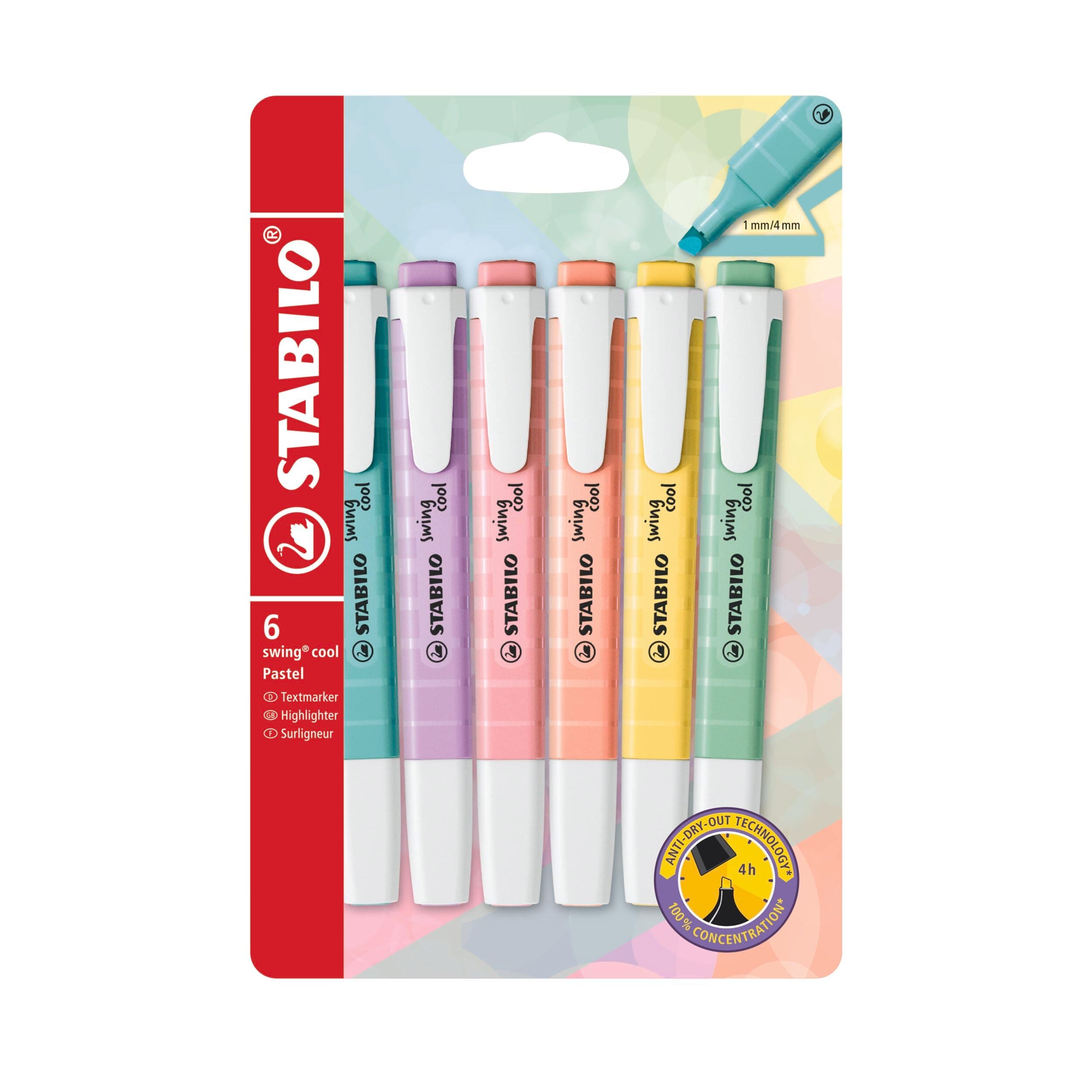 STABILO Swing Cool Highlighter Pen Pastel - Pack of 6 (Assorted Colours) | Pocket Swing Cool pastel highlighter with chisel tip for subtle highlighting, journaling and study