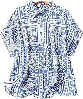 Gufrina Women's Polyester Shirt with Pocket Half Raglan Sleeves Spread Collar Neck Geometric Printed Relaxed Fit and Standard Length