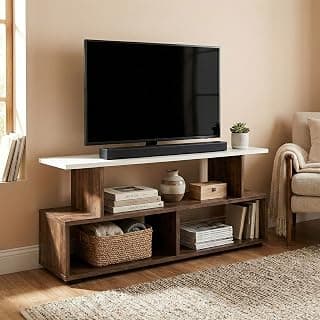Horizon Low-Profile TV Entertainment Unit with Open Storage Shelves, Modern Console Table for Living Room up to 43 Inch TV, 101x40x41cm (Classic Oak & White)