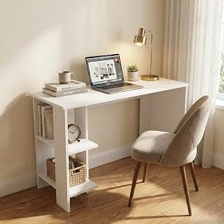 Breeze Minimalist Study Table with 2-Tier Side Shelves, Modern White Computer Desk for Home Office & Students, 100x50x77cm (Arctic White)