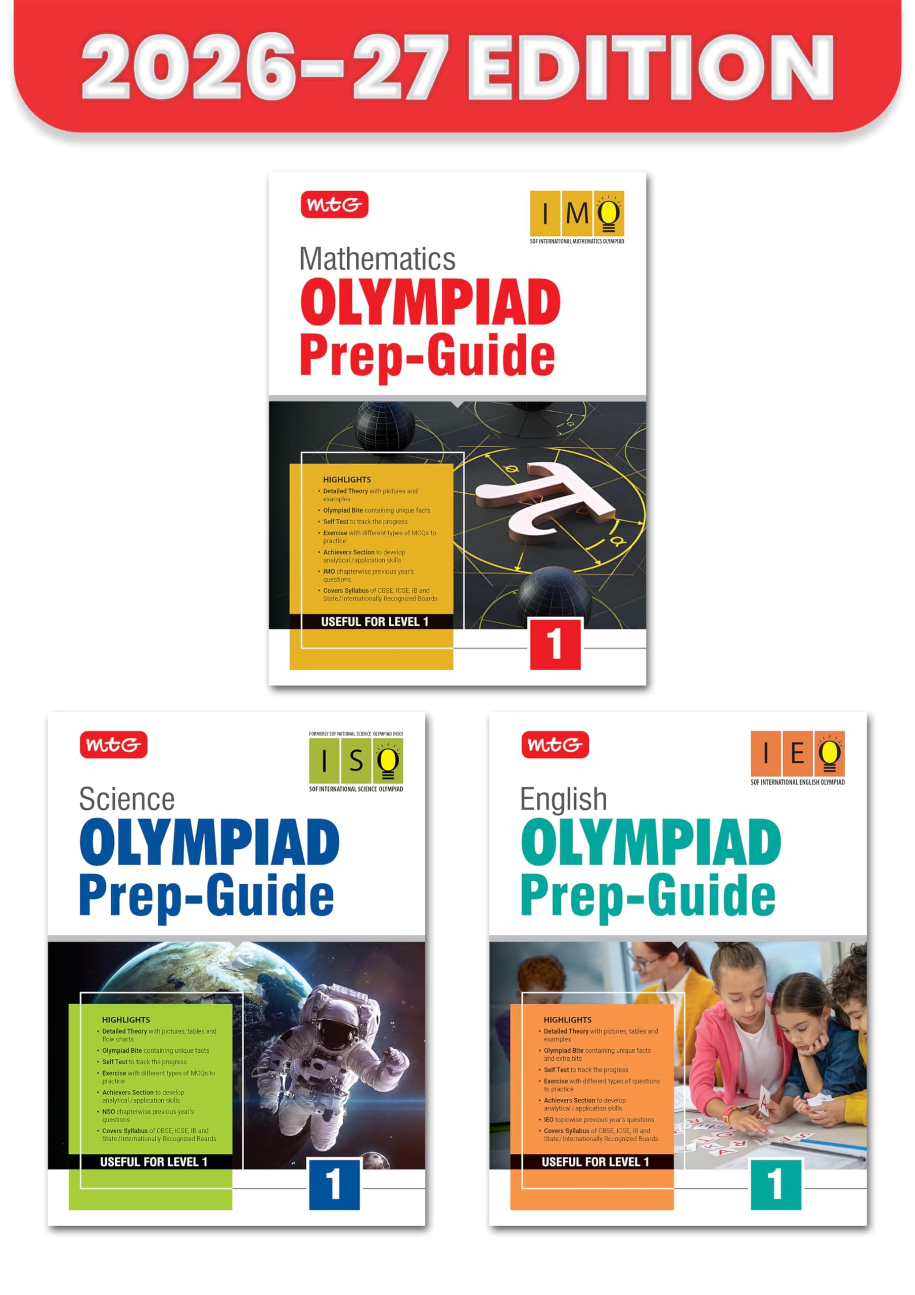 MTG Olympiad Prep Guide Class 1 Mathematics, Science & English (IMO-ISO-IEO) | Detailed Theory, Exercise with Self Test For Practice | SOF Olympiad Books For Exam 2026-27 (Set of 3 Books)