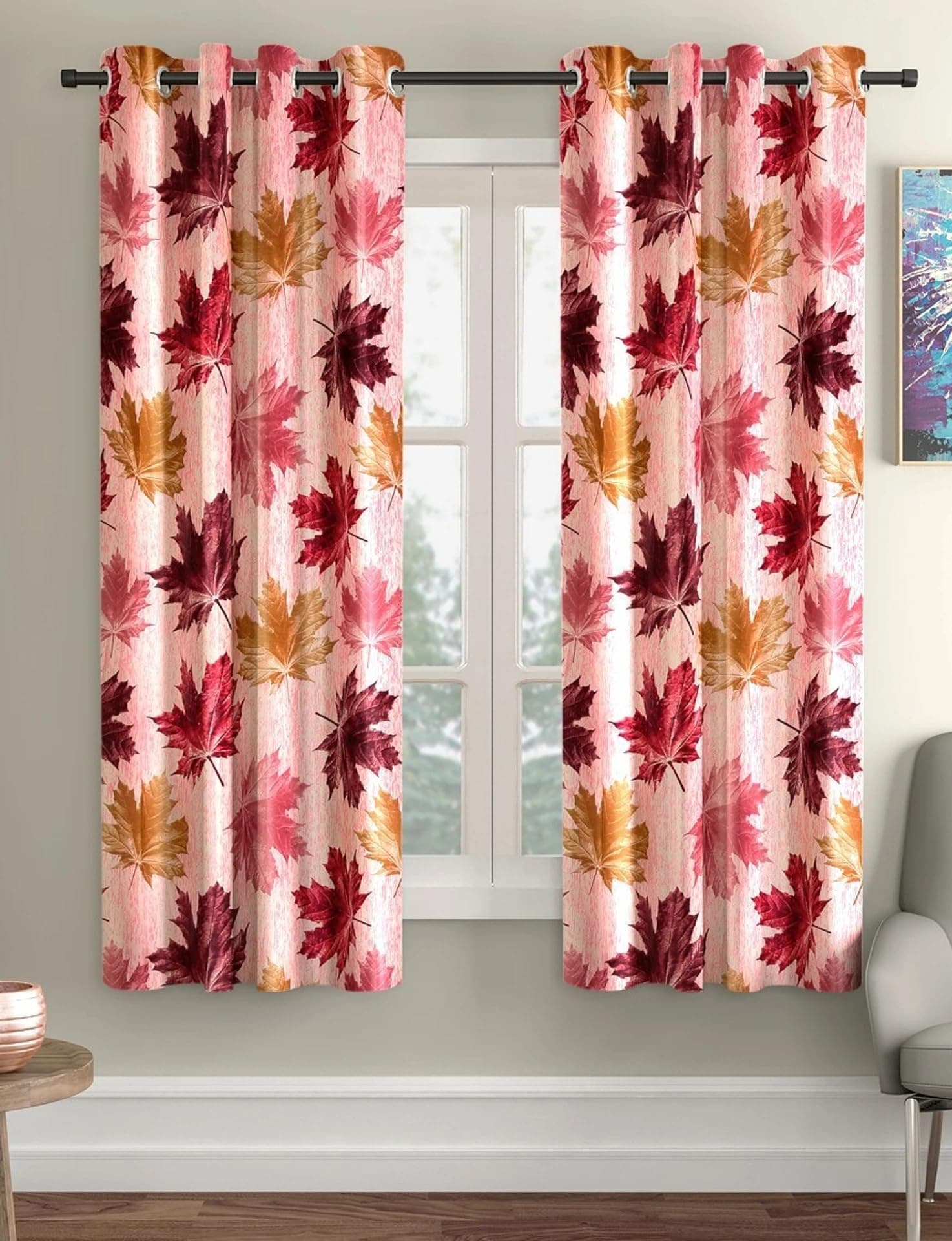 HUTI 5 Feet Maroon Window Curtain Set of 2 | Semi Transparent Leaf Printed Curtain | Light Filtering Polyester | Eyelet Curtains for Living Room & Bedroom 4x5 ft (120 x 150 cm) | Best for Home Decor