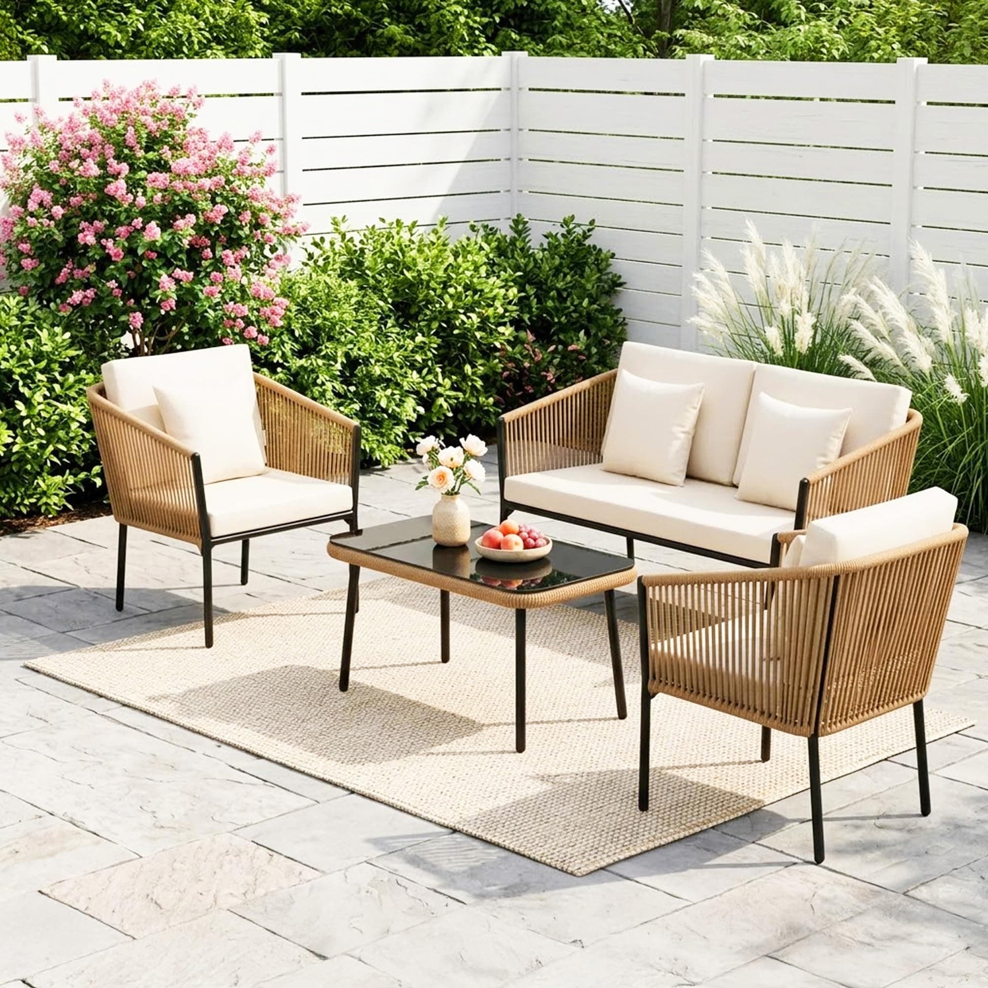DEVOKO Aura 4 Seater Outdoor Rope Sofa Set with Comfortable All Weather Resistant Cushions and Glass Top Center Table for Garden, Patio, Poolside Area (Beige &Off-White)