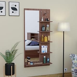 FURNIFLIX Engineered Wood Wall Mount Rectangular Dressing Table Mirror with Shelves & Hooks - Walnut Finish