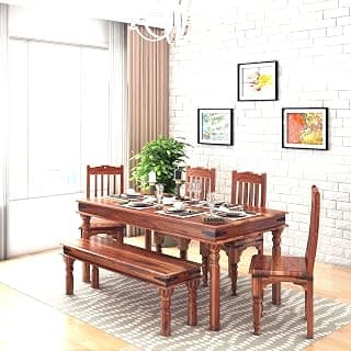 Wooden Dining Table 6 Seater | Dinner Table, 4 Chairs & 1 Bench | Soild Wood Sheesham, Honey Finish