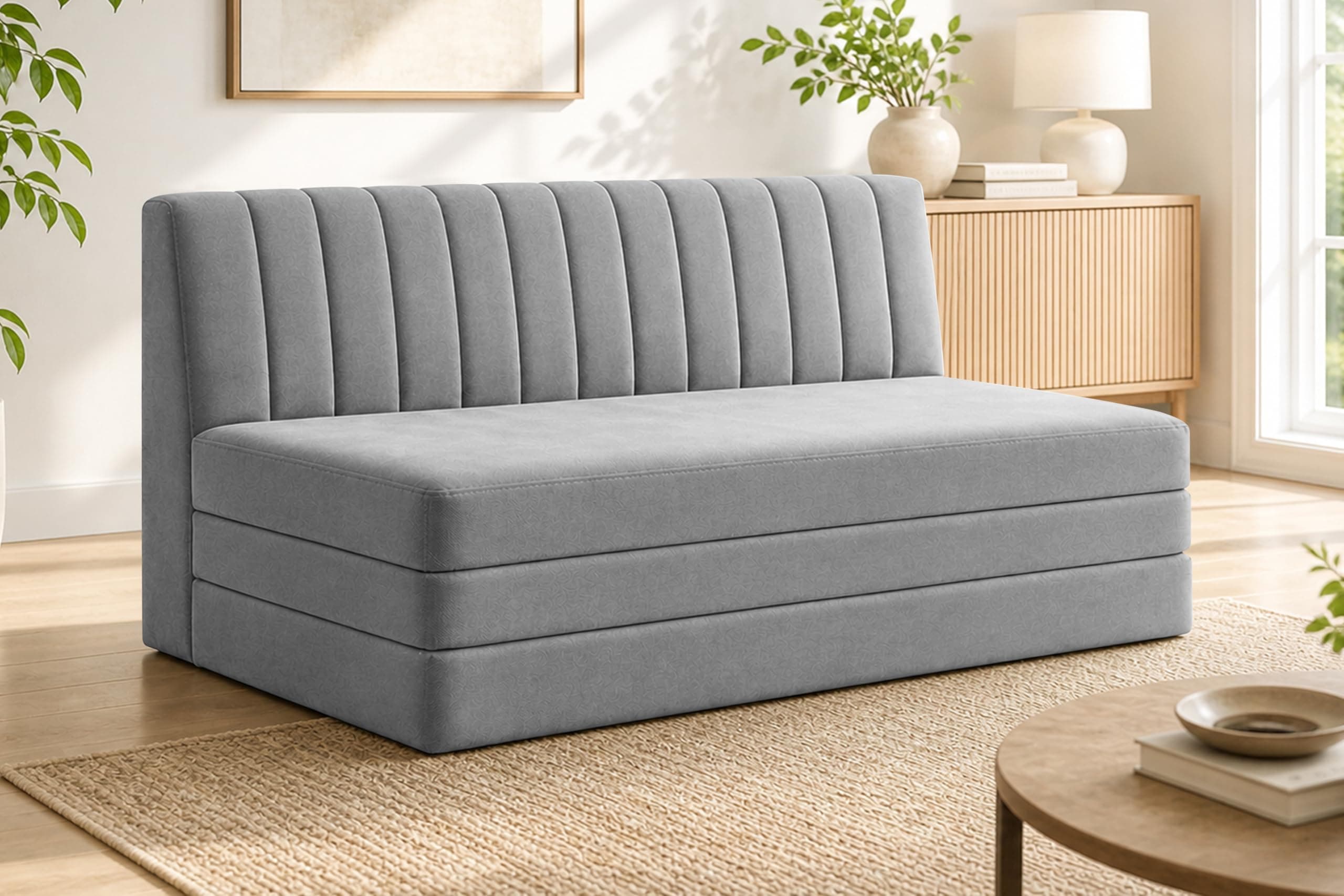Ministry of Décor 3-Seater Foldable Floor Sofa Bed with, Modern Velvet Fabric Folding Couch for Living Room, Guest Room & Small Spaces-Grey