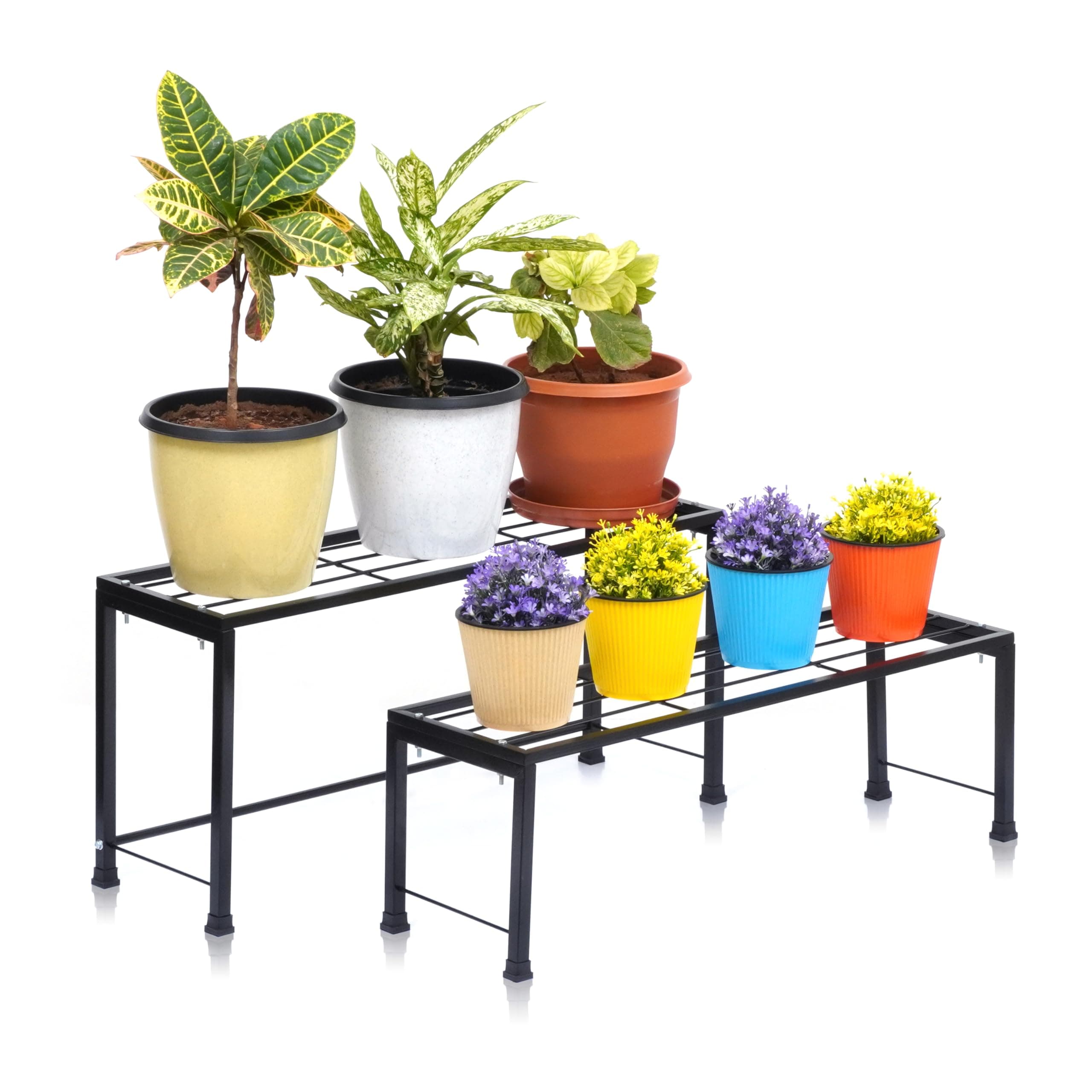 Livzing Plant Stands with Different Heights - Indoor/Outdoor Metal Planter Stands for Flower Pots - Space Saving Design - 100kg Load Capacity - Powder-Coated, Easy Assembly(Set of 2, Big & Medium)