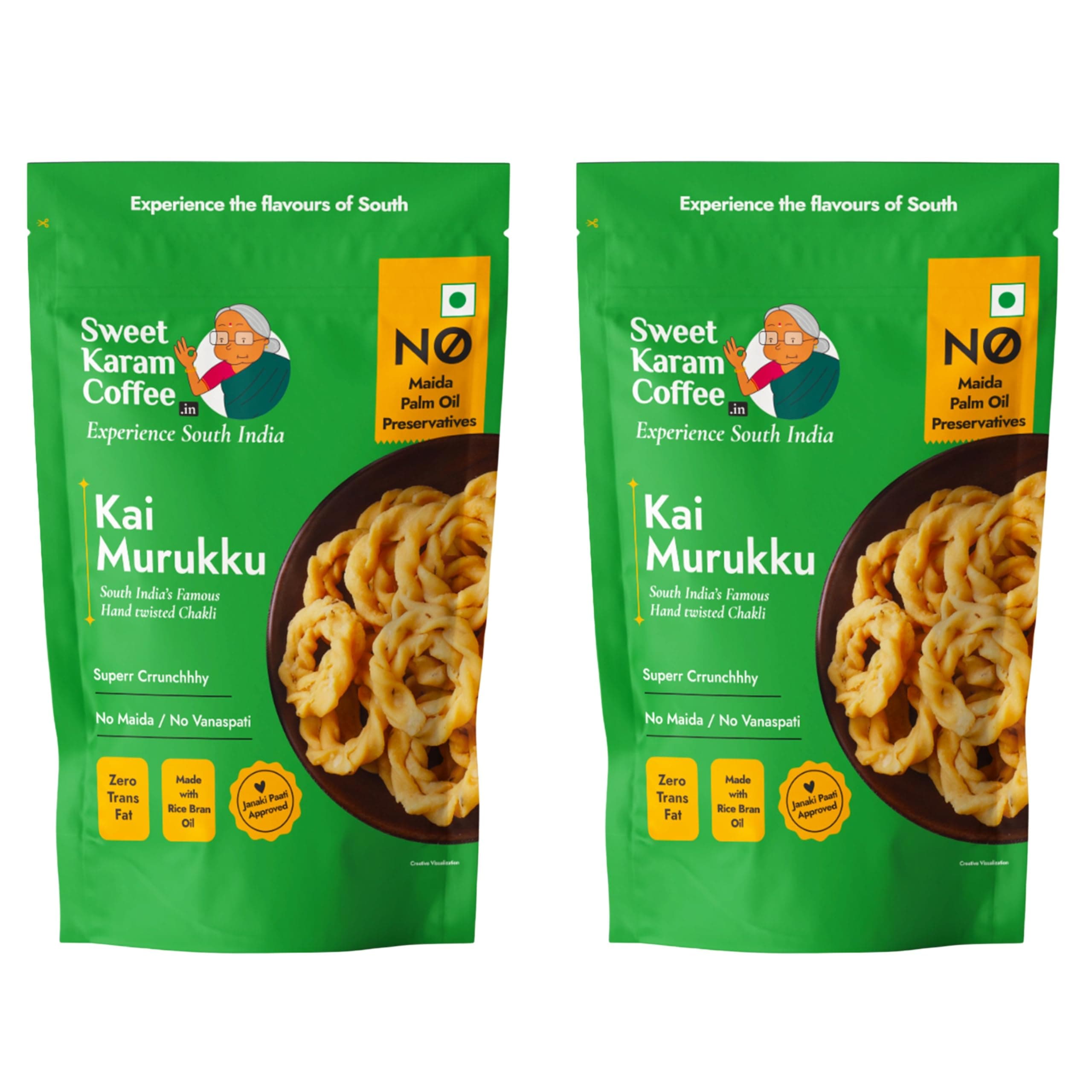 Sweet Karam Coffee Kai Murukku - Pack of 2 (150g each) | No Palm Oil & Preservatives | Authentic South Indian Hand-Twisted Chakli | Crunchy & Delicious Namkeen | Tea Time Snack | Festive Special
