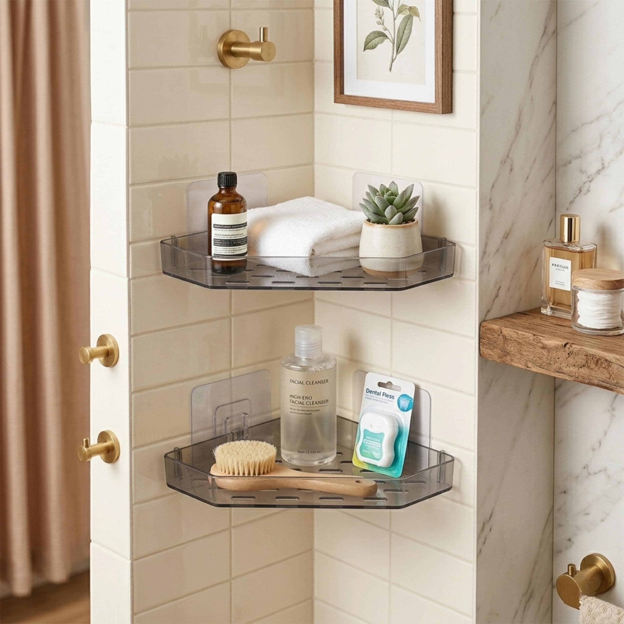 SHALVI Wall Mounted Plastic Bathroom Shelf | Bathroom Organiser Without Drill | Storage Rack | Plastic Wall Mounted Self Adhesive Storage Shelf for Bathroom (Corner Combo)