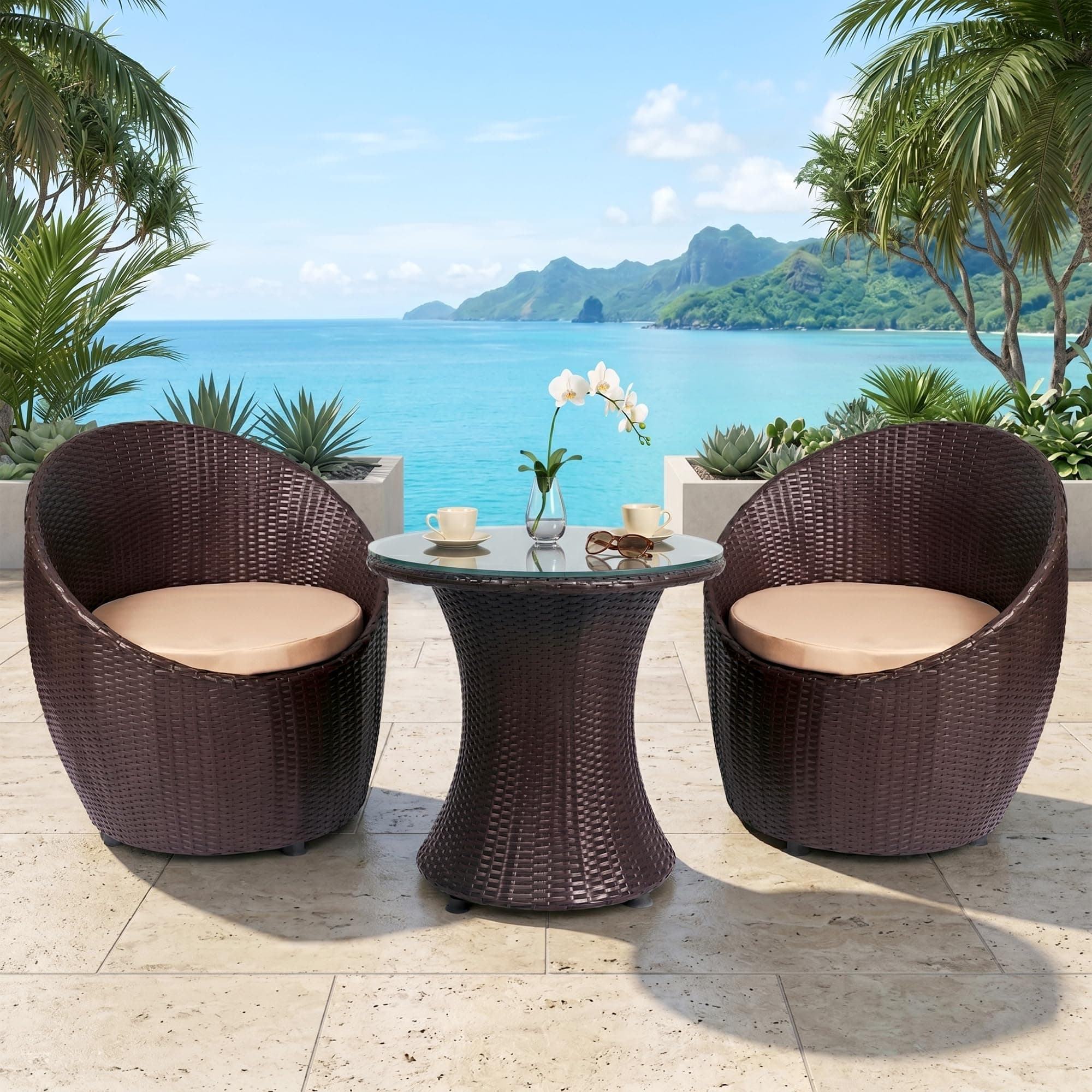 BRISHI Rattan & Wicker Garden Patio Seating Chair and Table Set Outdoor Balcony Garden Coffee Table Set Furniture and 2 Chairs 1 Table Set with Cushion (Dark Brown), 67 cm , 58 cm , 64 cm