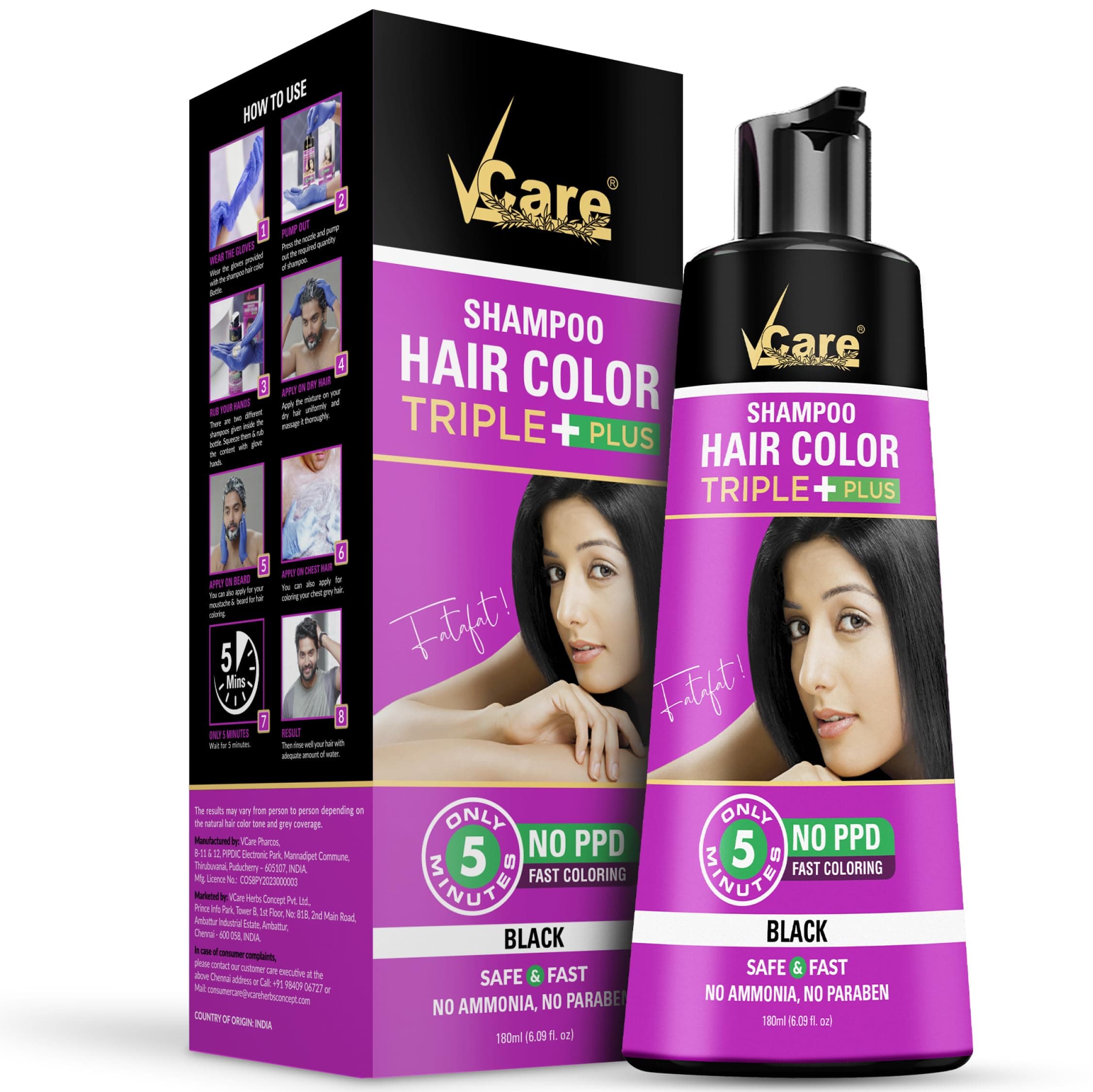 VCare Shampoo Hair Colour Shampoo, Black 180ml for Women and Men | Only 5 Minute Root Hair Dye Coloring Kit | No Parabens, Ammonia And Sulfates | Salon like Hair Color at Home