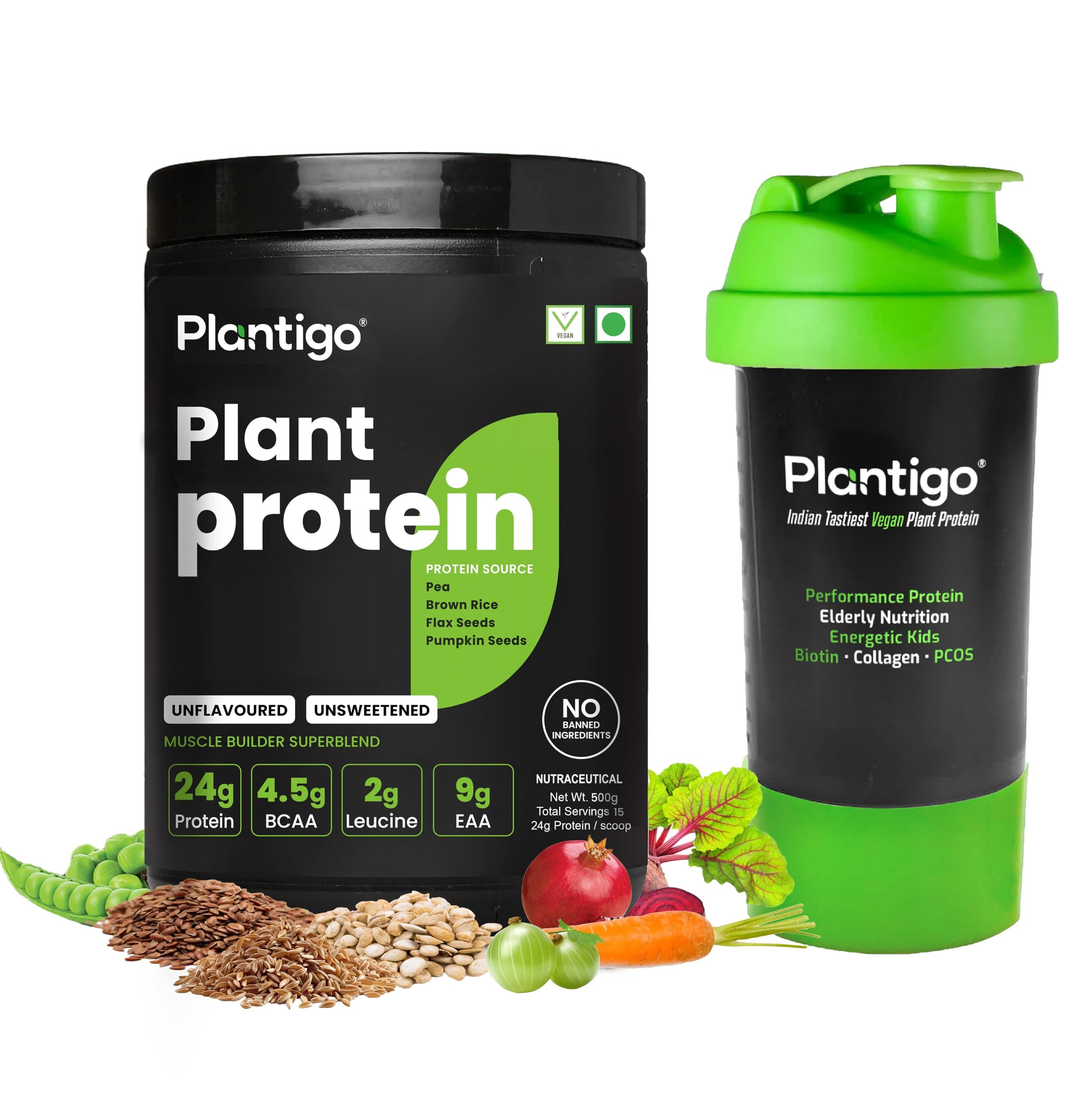 Plantigo Clean Plant Protein Powder Unflavoured, Unsweetened 500g + Sipper 600ml- 25g Pea Brown Rice Protein, 4.4g BCAA, 2g Leucine, Vitamins, Minerals, Protein Powder for Diabetes Men and Women