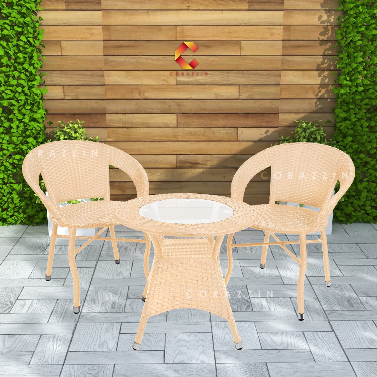 Corazzin Garden Patio 2 Seater Chair and Table Set Outdoor Balcony Garden Coffee Table Set Furniture with 1 Table and 2 Chairs Set - (Cream) - Hdpe Rattan Uv