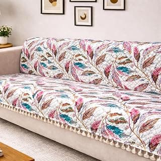 Homerz Premium Printed Quilted Velvet Sofa Slip Cover Protector with Tassels, Sofa Mat, Exact Size, Antislip Cover (Multileaf, 3 Seater, Full)