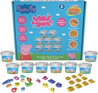 Dough Magic Mould N' Shape with Peppa Dough Playset|8xDough Tubs 10XPeppa Cutters,10XNumber & 6xShape Cutters|2-in1 Molding Lid|Water Based Dough|Non-Toxic|Gift Set for Kids 3+|Made in India
