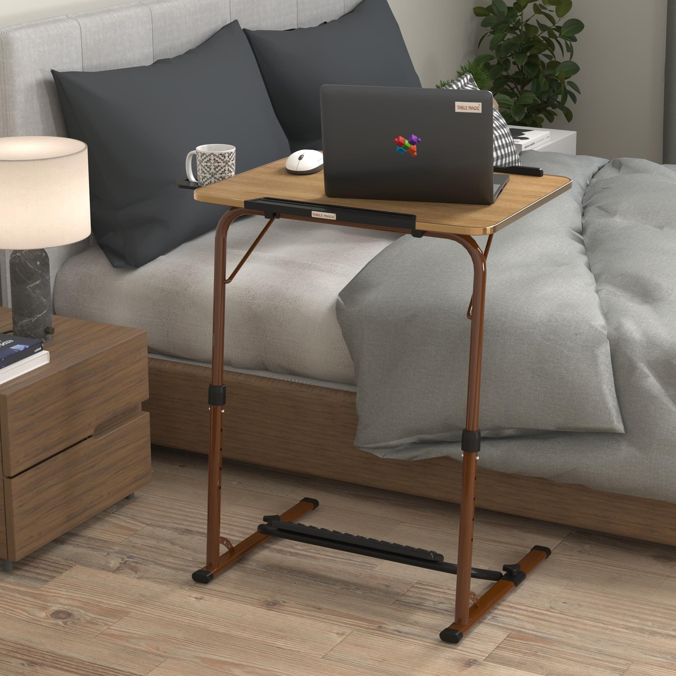 TABLE MAGIC Adjustable Height Laptop Table | Laptop Table Foldable for Home | Engineered Wood 60x45 cm | Foldable Portable Desk with iPad Holder | Cup Holder & Footrest | Golden Teak