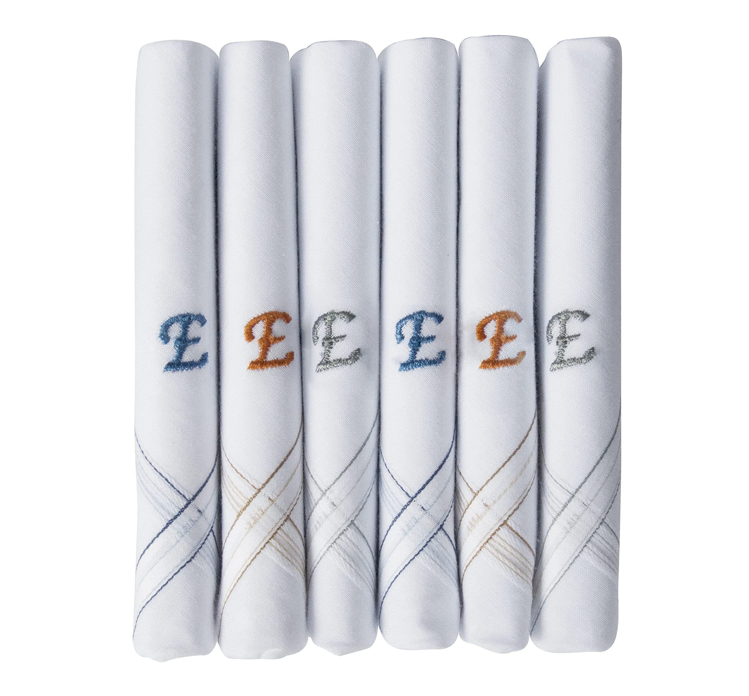 Caruso Italy Men's Initial Monogram (A-Z) Embroidery 100% Pure Cotton Handkerchief White Base With Colored Border - Pack Of 6