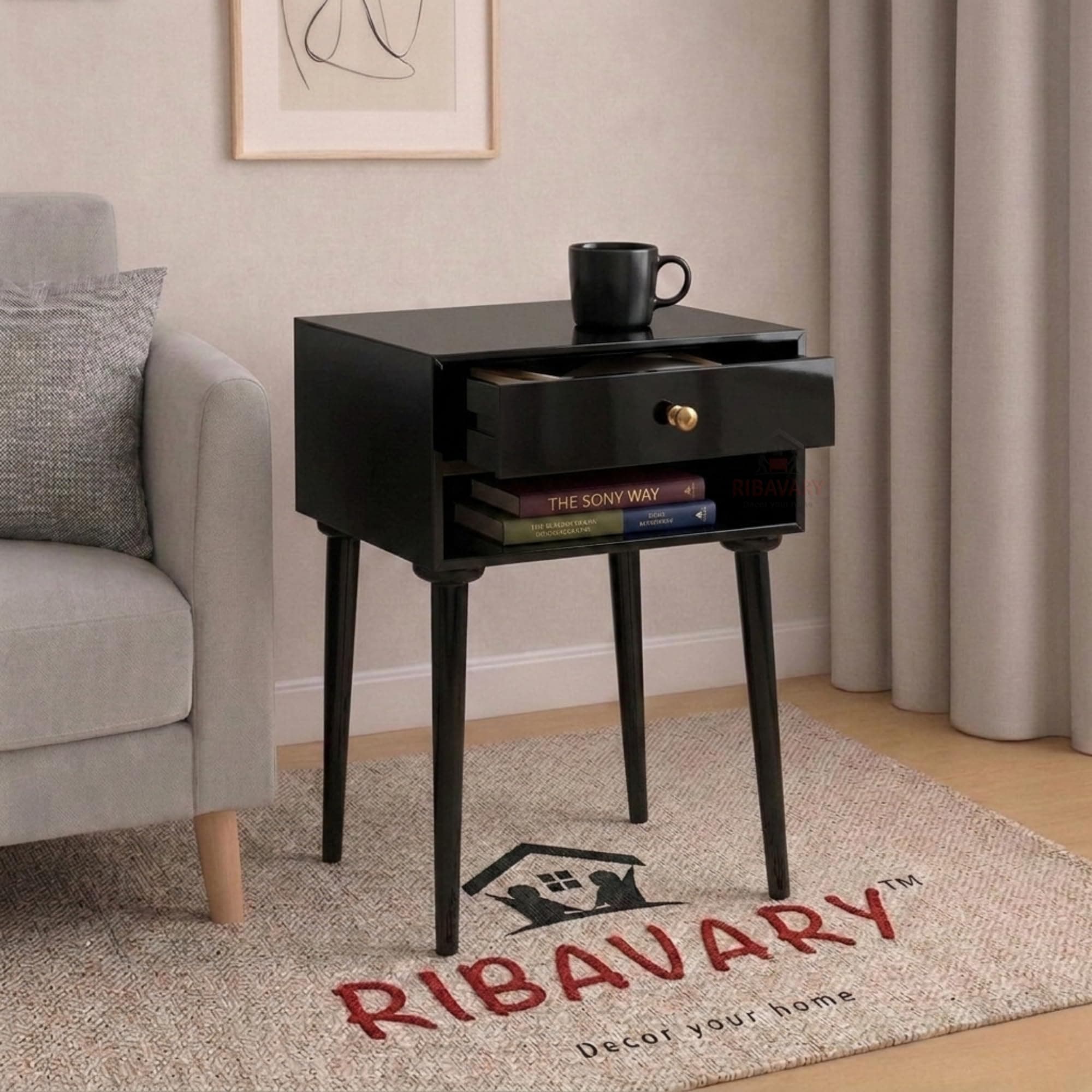 RIBAVARY Modern Bedside Table Nightstand with Solid Wood Legs, Practical End Side Table with Drawer Storage for Small Spaces Wooden Bedside Table, Coffee Table, Living Room/Bedroom (Black)
