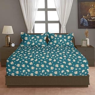 Swayam Cotton Blend Double Bedsheet with 2 Pillow Covers | Size 90 x 100 inch | 200 TC | Floral Design | Soft Breathable Bed Sheet | Comfortable & Durable for Bedroom - Turquoise