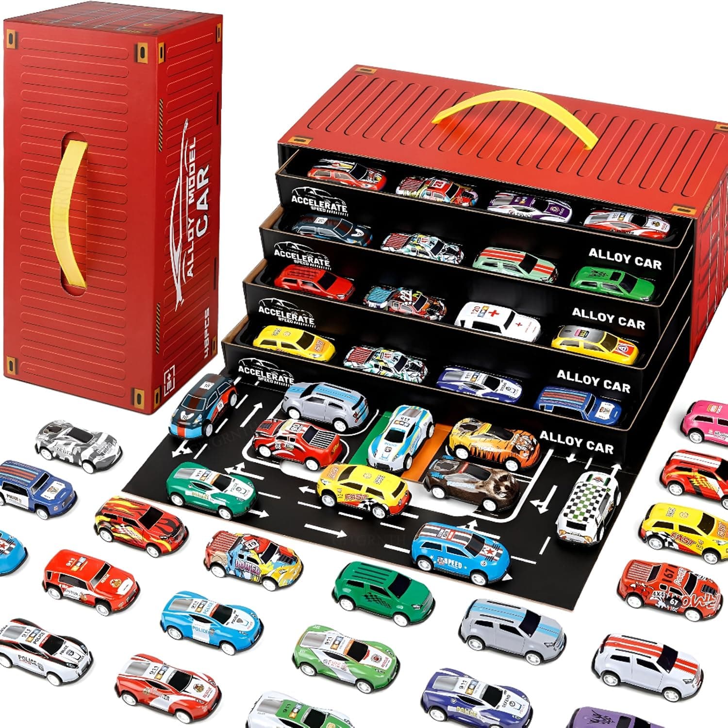 GITGRNTH 48 Pcs Pull Back Car Set for 3+ Kids, Container Storage Box - Learning & Educational Stuffers Mini Cars, Tay Car Set, Racing Pattern | Perfect for Kids, Children, Boys & Girls