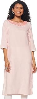 W for Woman Rayon Women Ecru and Coral Stripe Print Regular Kurta