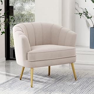 Andeworld Velvet Accent Chair, Upholstered Modern Single Sofa Side Chair,Comfy Barrel Club Living Room Armchair with Golden Metal Legs for Bedroom Living Reading Room Office, Beige