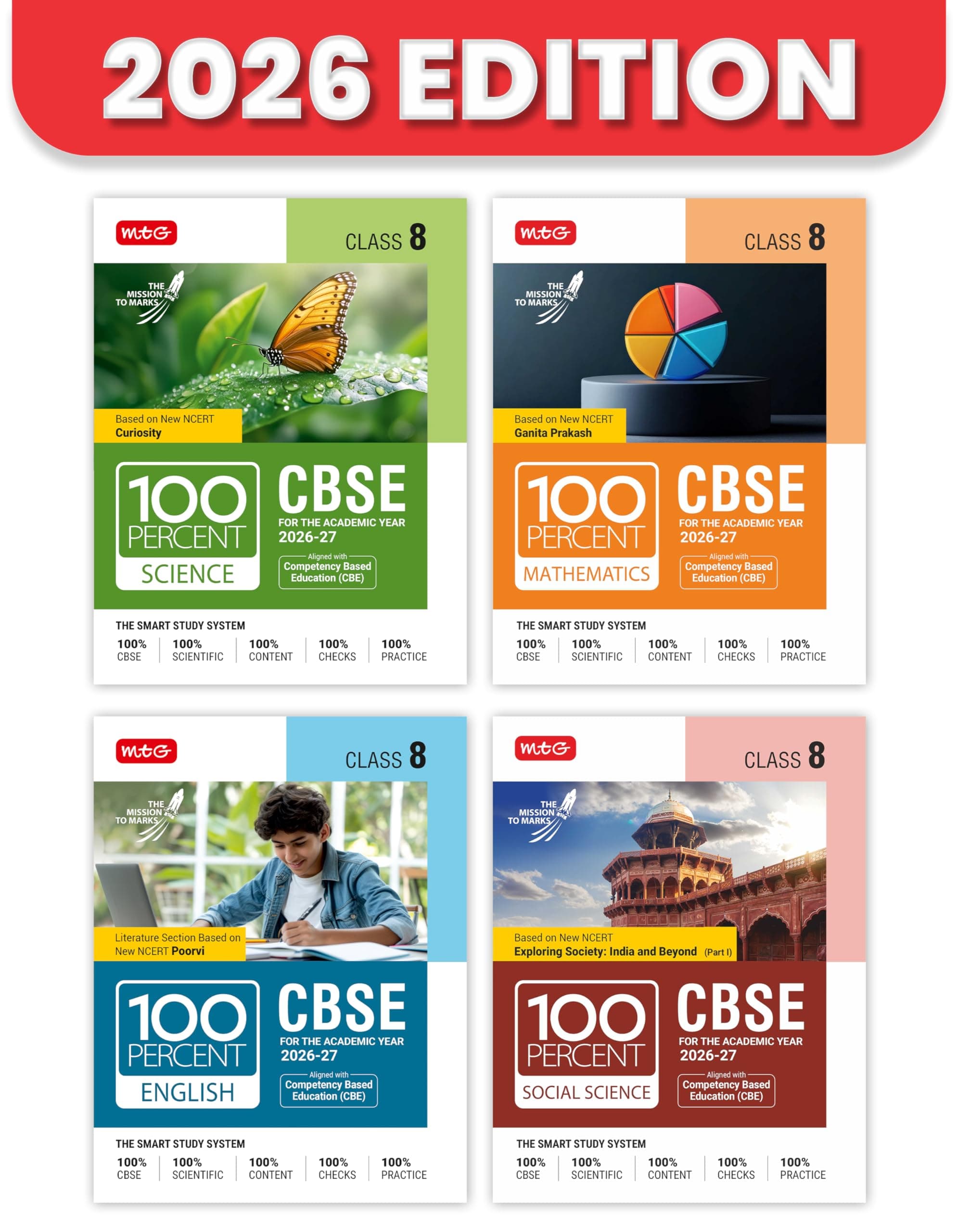 MTG 100 Percent NCERT & CBSE Science, Mathematics, English & Social-Science Part-1 Class 8 For 2026-27 Exam (Set of 4) | As Per Revised NCERT ... Paper & Exam Drill Available All in One Book