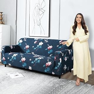 HOKIPO Elastic Stretchable Universal Sofa Cover 3 Seater, Blue Mixed Flowers (AR-4095-D2)