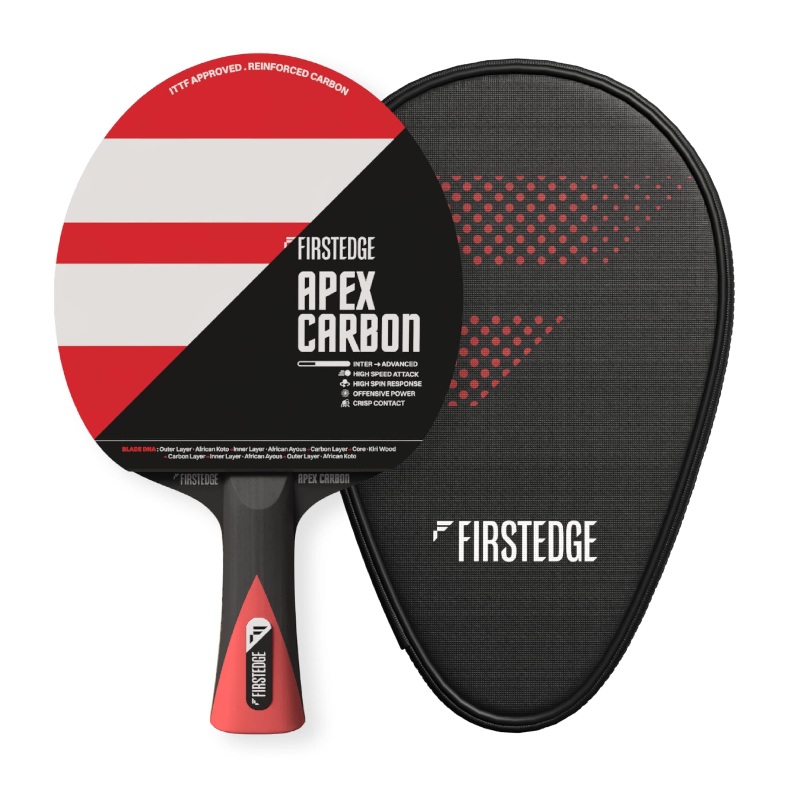 FirstEdge ApeX Carbon ITTF Approved Table Tennis Racquet | African Koto & Ayous Wood with Kiri & Carbon Layers TT Racquet | Ergonomic Handle | High Speed + Spin Attack | Table Tennis Racquet Cover