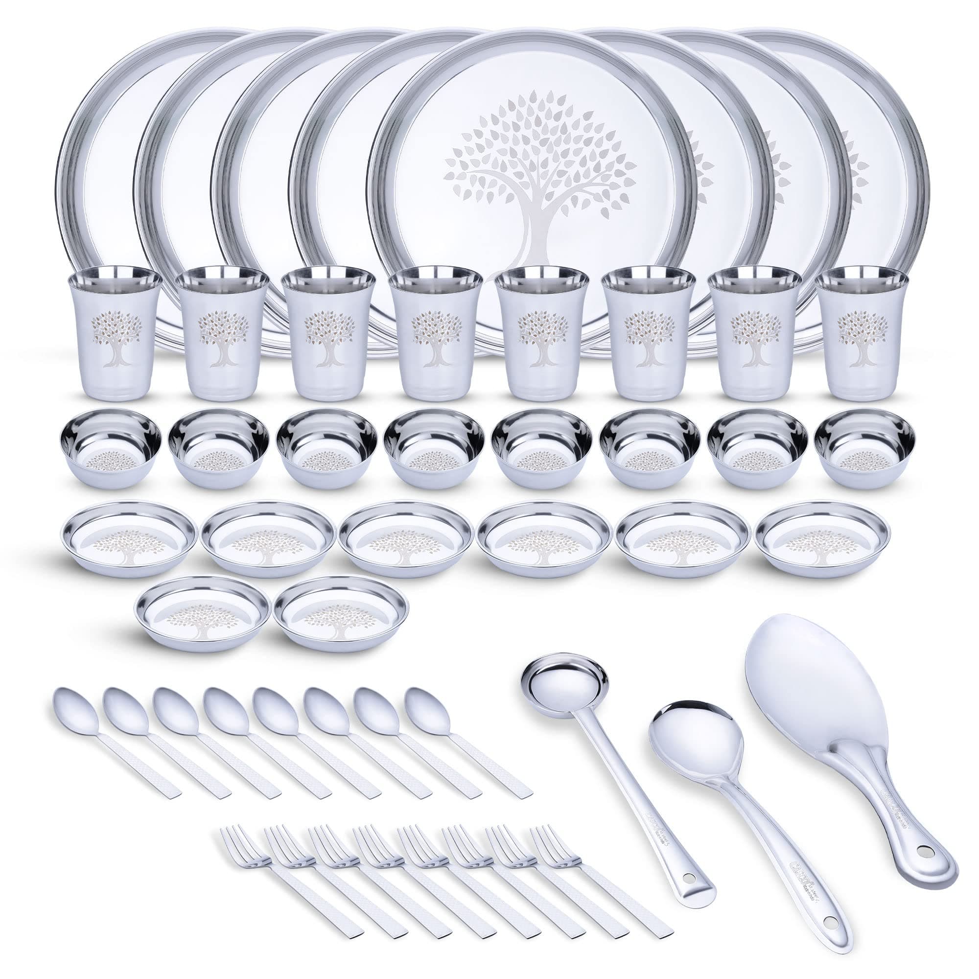 Limetro Steel Stainless Steel Dinner Set for 8 Persons | Complete Indian Thali Set with Plates, Bowls/Katori, Glass, Spoon & Fork | Tree Design Steel Dinnerware for Home(Set of 51- Serves 8)