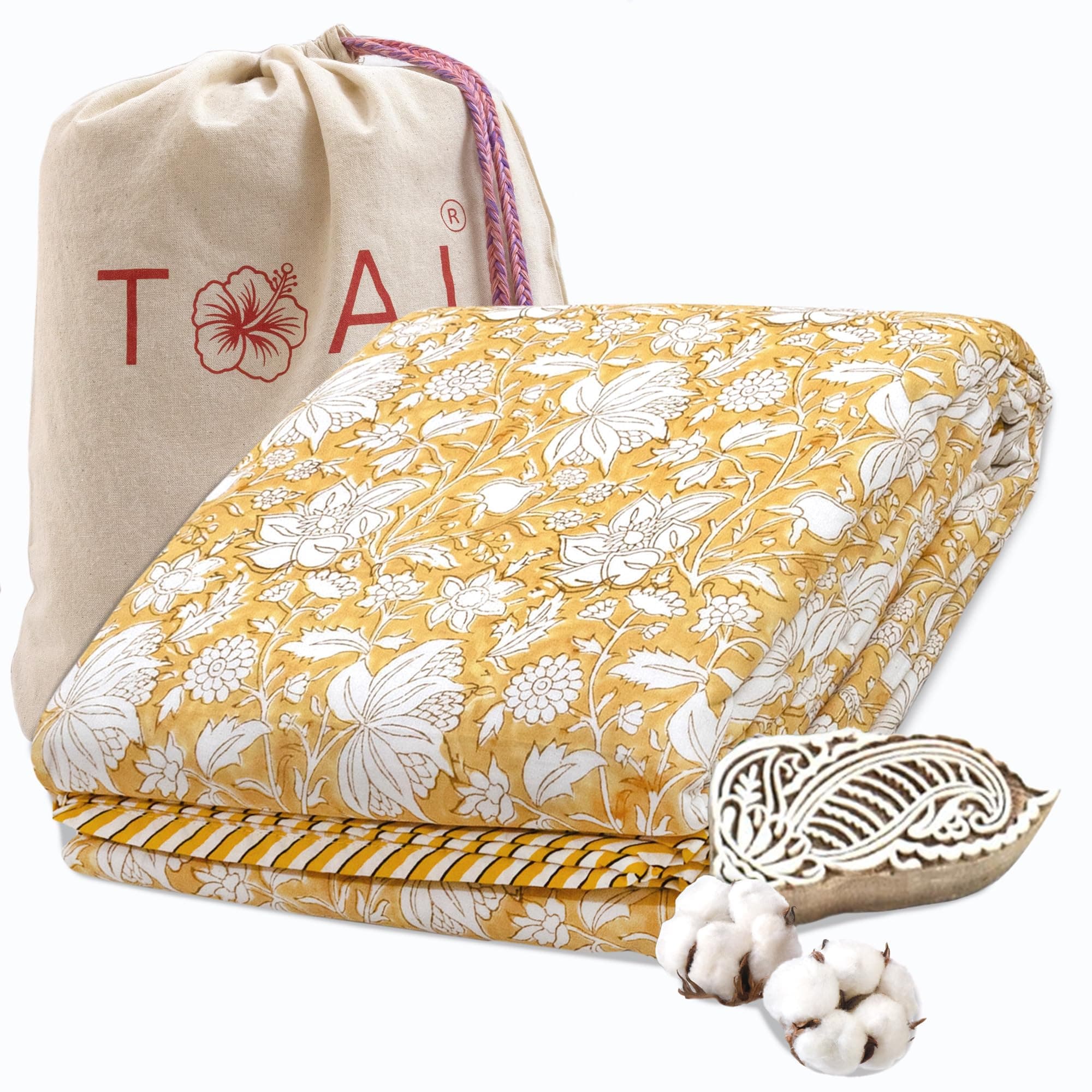TOAIArt Premium Jaipuri Dohar | AC Blanket Summer Quilt | Hand Block Printed | 3 Layers | Reversible | 150GSM 100% Mulmul Cotton | 100% Cotton Flannel Filling | Single 60" X 90" |Mustard Kalamkari
