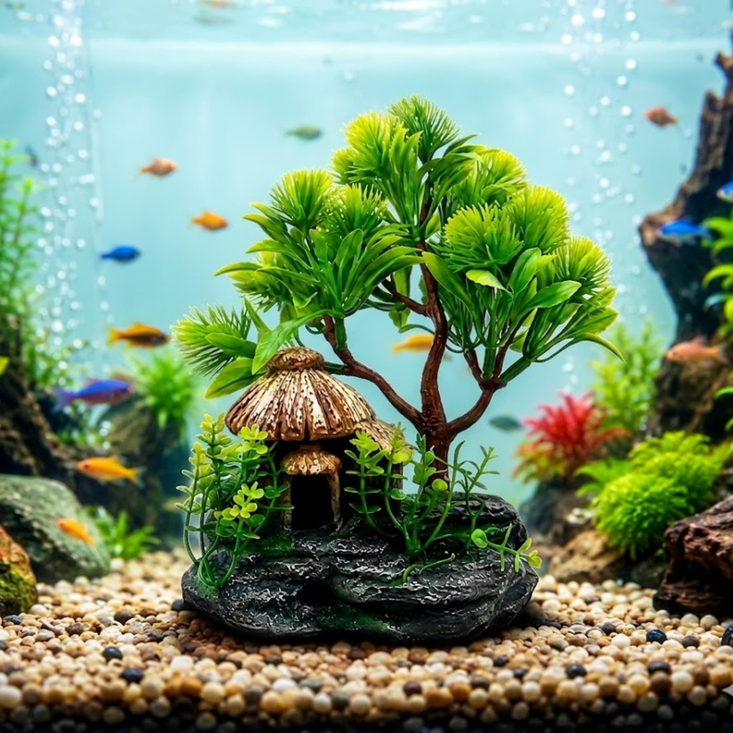 Foodie Puppies Aquarium Plastic Plants with Resin Base Decor - (Hut Plant, Medium - 19cm) for Fish Tank Ornament Accessories, Decorations | Natural Looking Artificial Plant