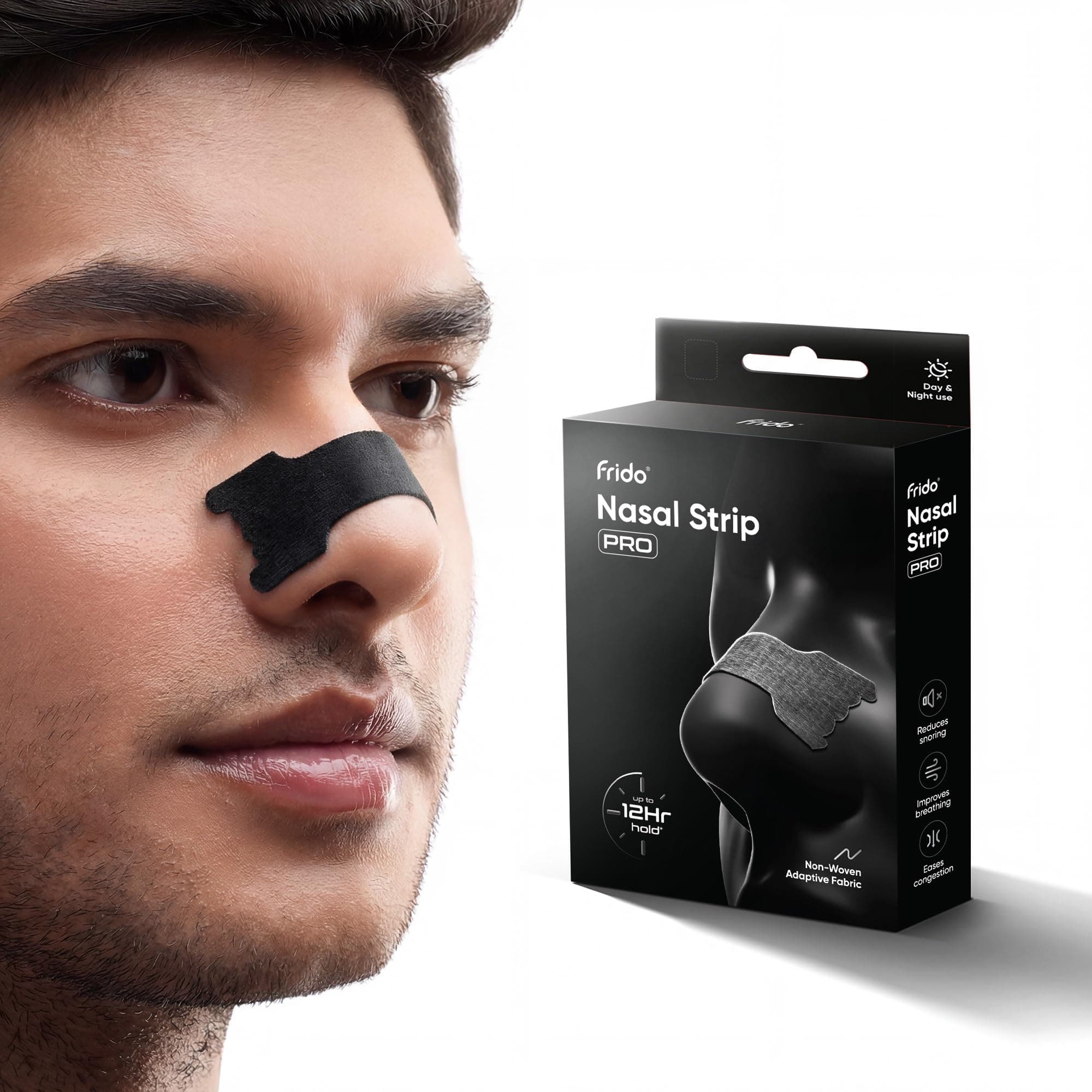Frido Nasal Strips Pro for Easier Breathing, Better Sleep, Drug-Free Congestion Relief & Reduced Snoring, Sweat-Resistant Black Non-Woven Nose Strips with Superior Adhesion, Pack of 15