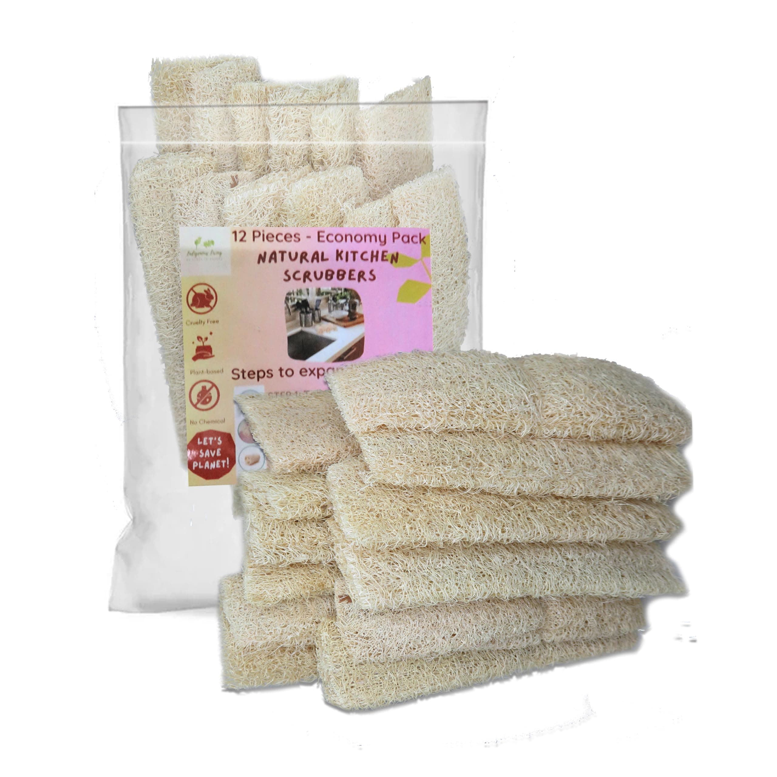 Indigenous Living Natural Loofah Kitchen Scrubber for Utensils & Dishes – 12 Pack Eco Friendly Dish Scrubber Pads | Non Scratch Kitchen Cleaning Scrub Sponge for Cookware & Sink