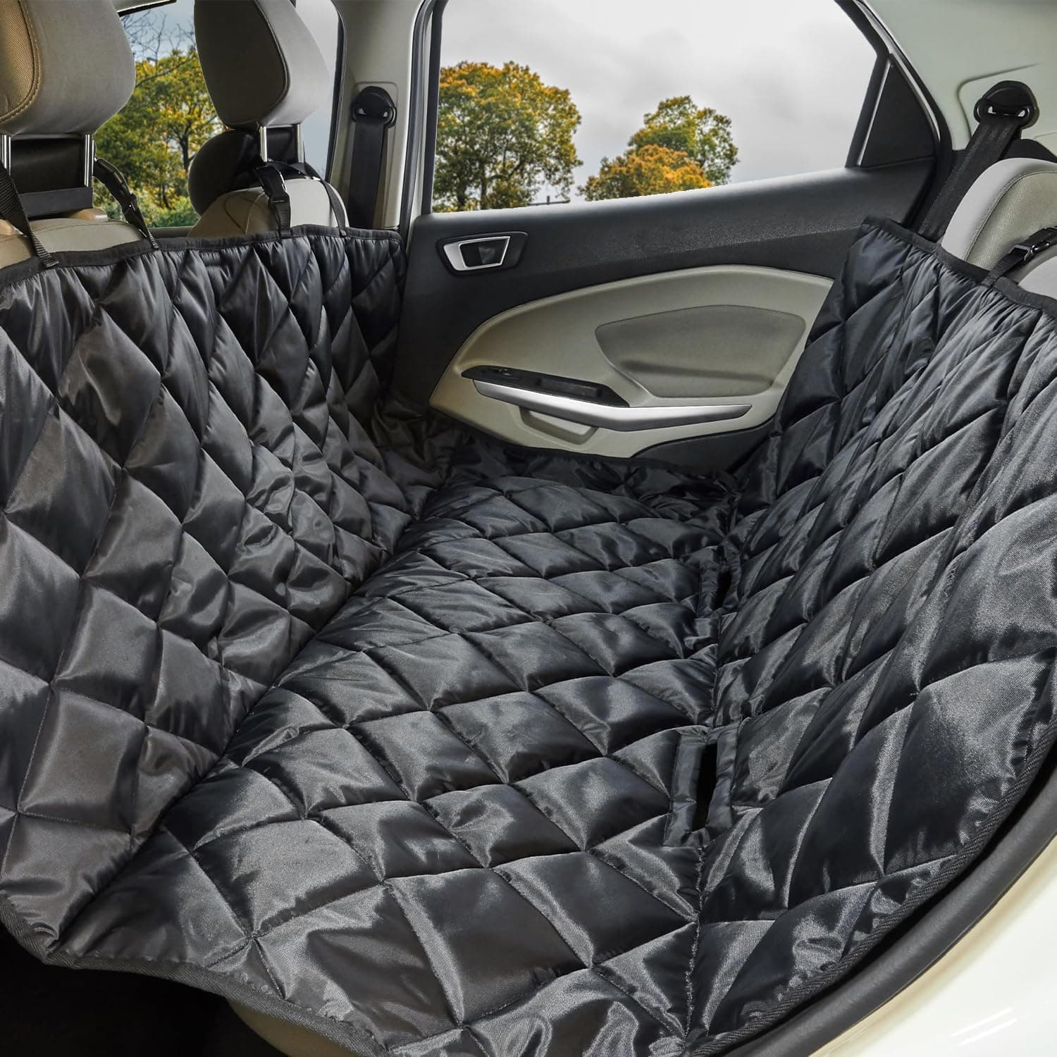 AMICA Pet Car Seat Cover | Non-Slip | Travel Hammock with headrest Straps for Anchors (for Hatchback Cars, Black)