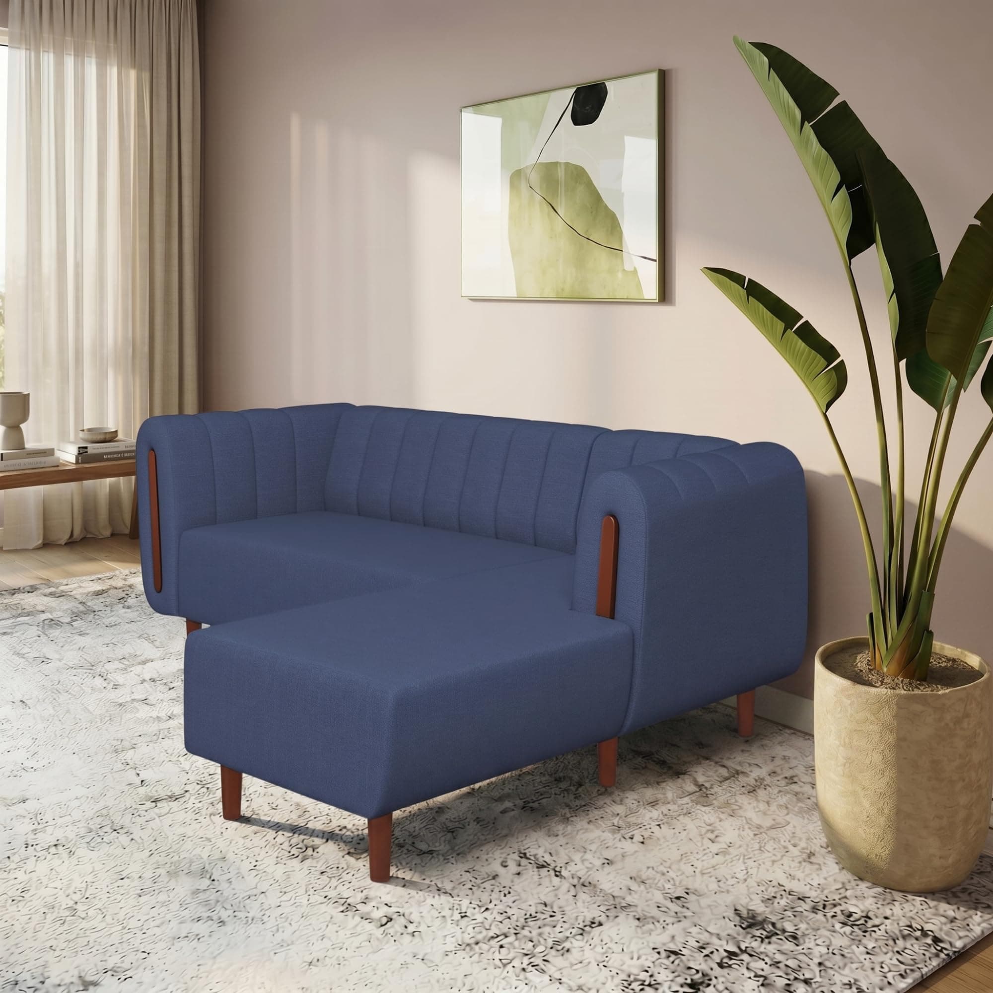 Interio by Godrej Paramount L-Shape 3 Seater Left Hand Side Fabric Sofa, 1-Year Warranty, Solid Wood, Ocean Blue