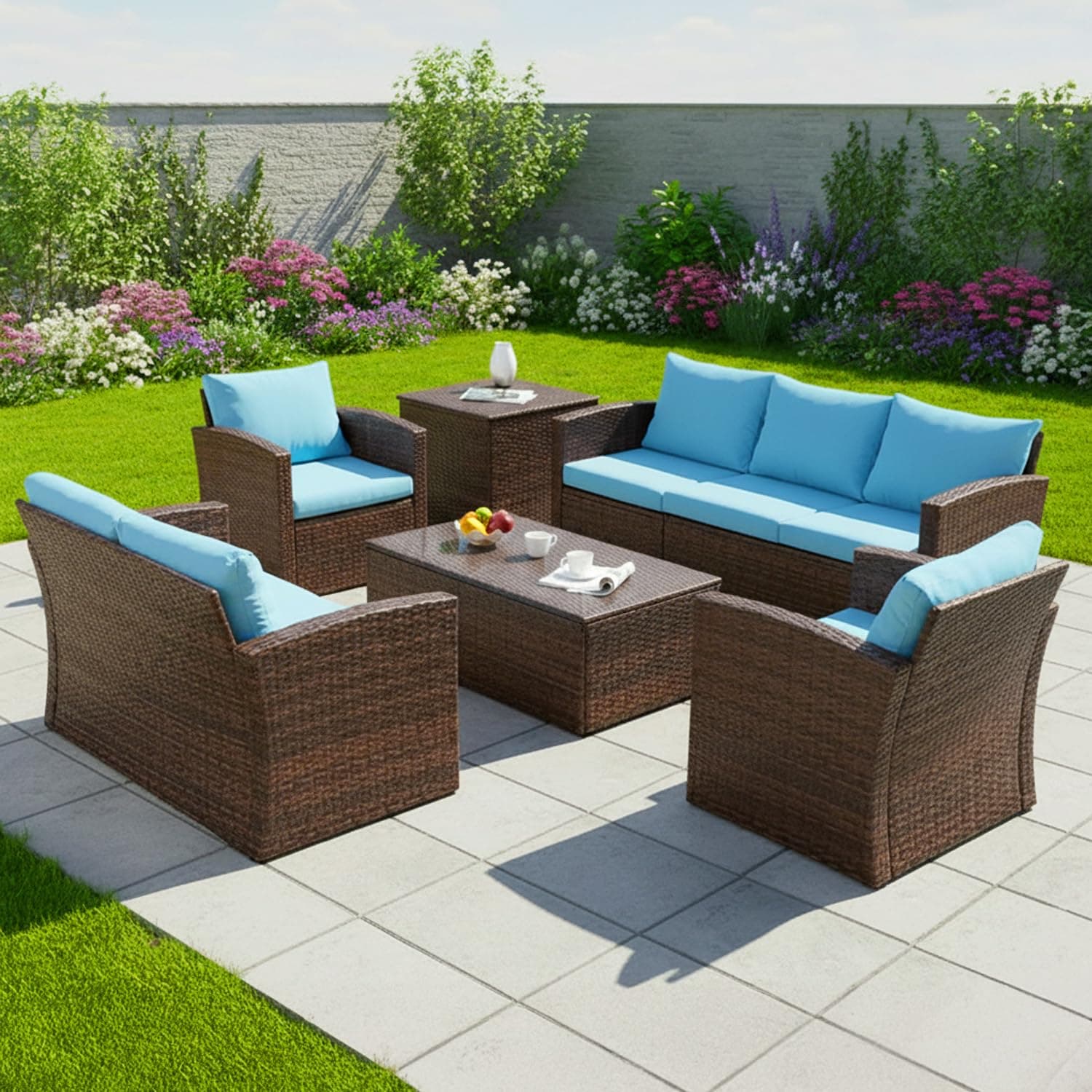 DEVOKO Oasis Outdoor 7-Seater Wicker Sectional Sofa Waterproof Outdoor Furniture with Cushions,Center Table and Side Table for Indoor and Outdoor (Dark Brown and Sky Blue)