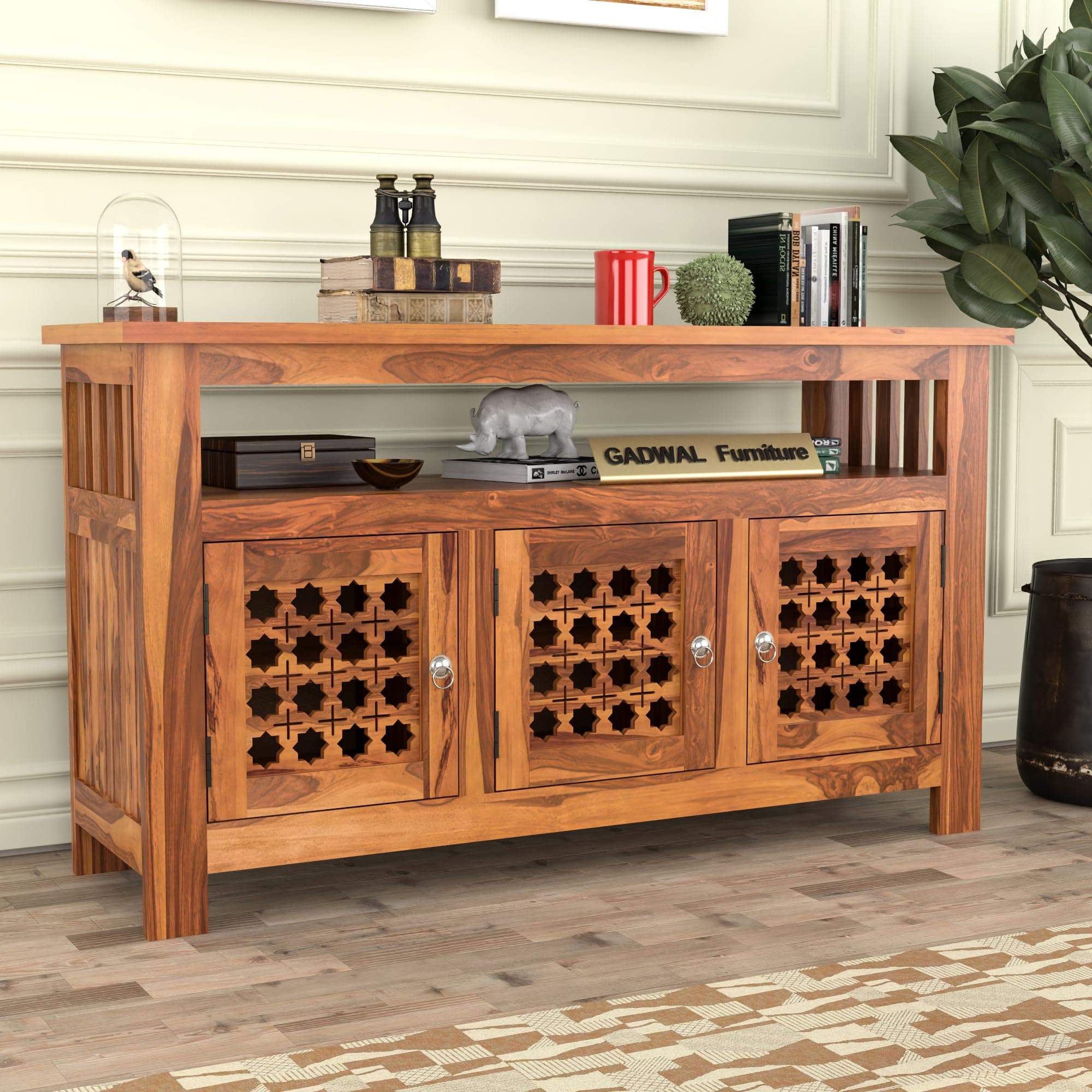 GADWAL FURNITURE Solid Sheesham Wood Wooden Cabinet Sideboard with 6 Shelves and 3-Door Storage Cabinet for Your Living Room Bedroom Storage (Liam, Honey Finish)