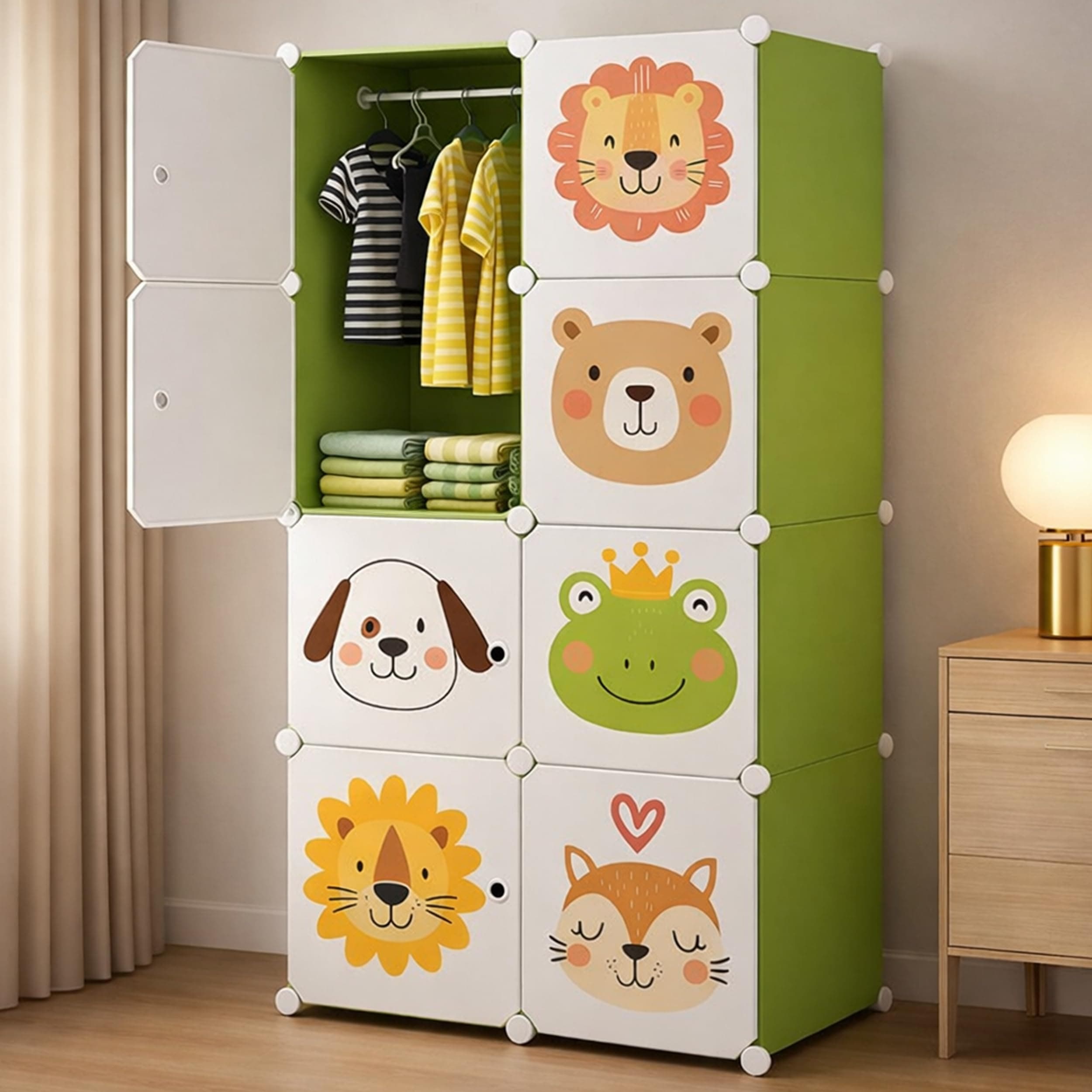 AYSIS 𝟖 𝐋𝐚𝐲𝐞𝐫 Plastic Wardrobe for Kids Clothes | Foldable Almirah Clothes Storage Cabinet with 4 Doors | Space Saving Organizer for Clothes, Kitchen, Bedroom & Living Room - Green