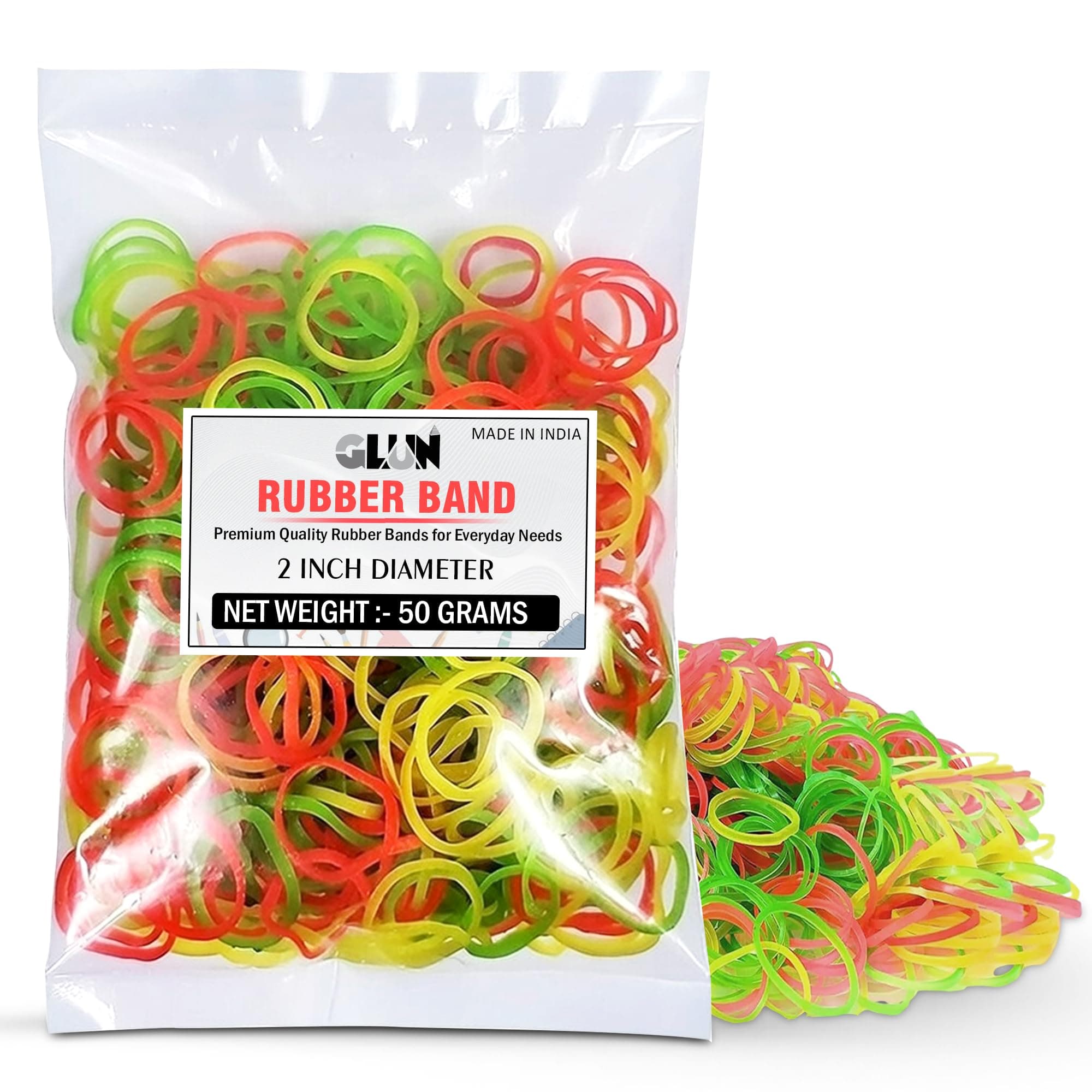 GLUN® Multicolour Rubber Bands 50g Pack, 2 Inch Elastic Bands for Packing, Bundling, Kitchen Storage, Home & Office Organising