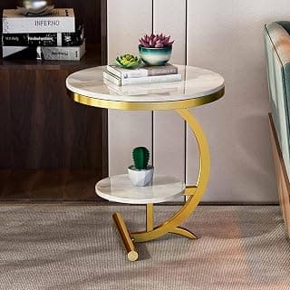 Metal and Wood Two-Tiered C-Shaped Circular Coffee Table, nightstand, Telephone end Sofa, Side Corner Table, and Storage for Small Spaces in Living Rooms and bedrooms (Gold White)