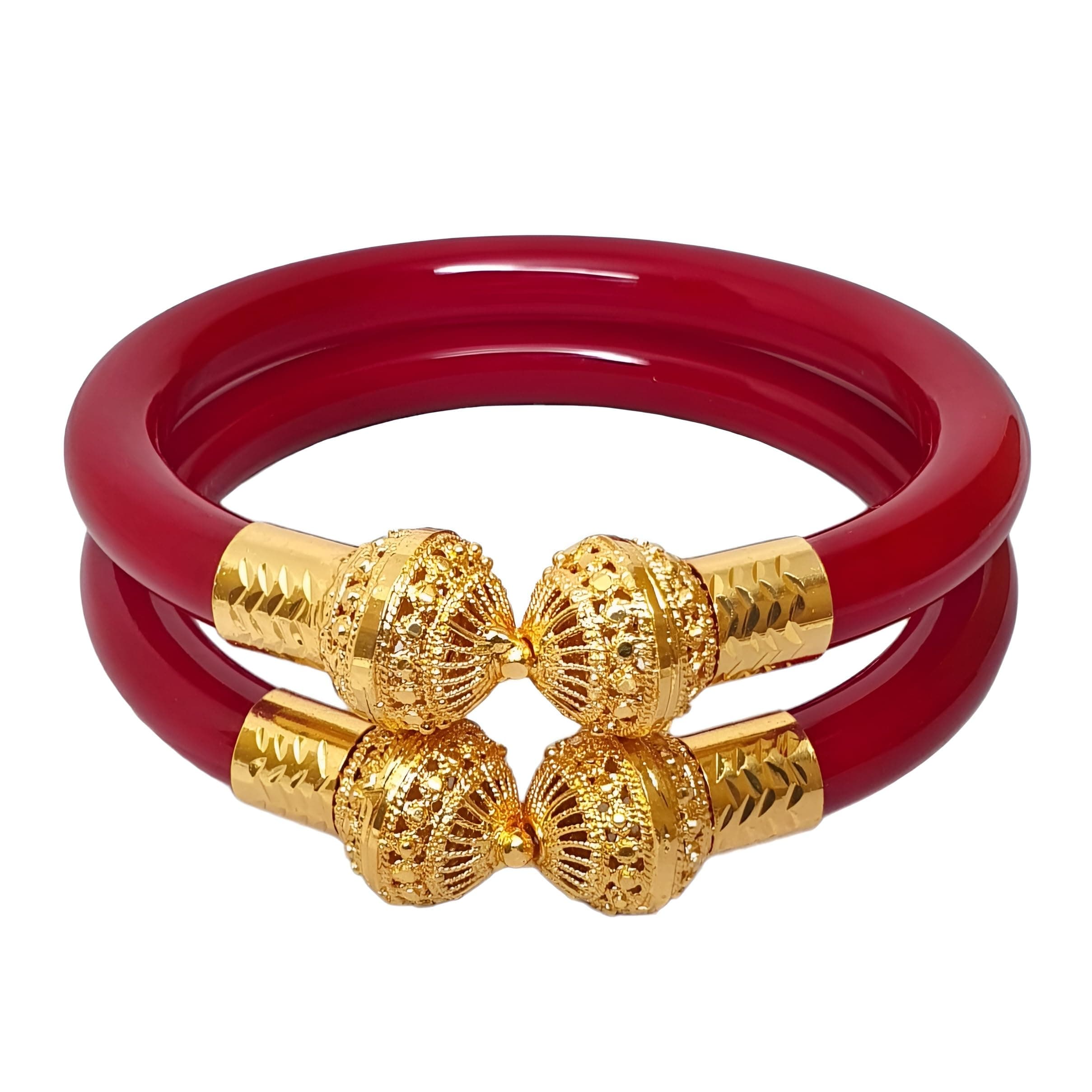 AETHEL Traditional Red & Gold Plated Bangles for Women - Indian Bridal Shakha Pola Style - Pack of 2