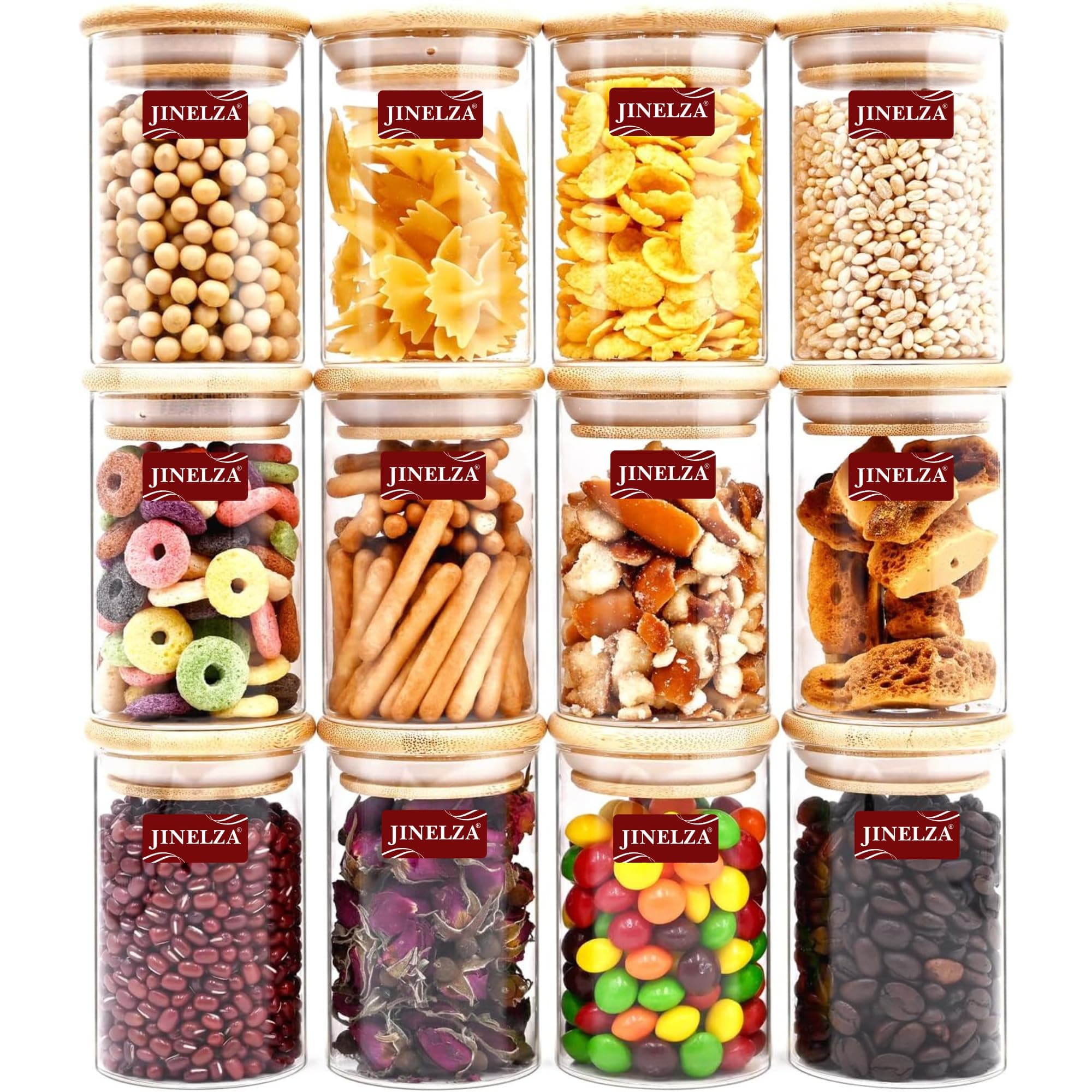 Jinelza 270ml Round Kitchen Storage Borosilicate Glass Jar And Container, Air Tight Bamboo Wooden Lid Container Kitchen Canisters for Sugar,Candy, Cookie, Rice and Spice Jars Set Of 12