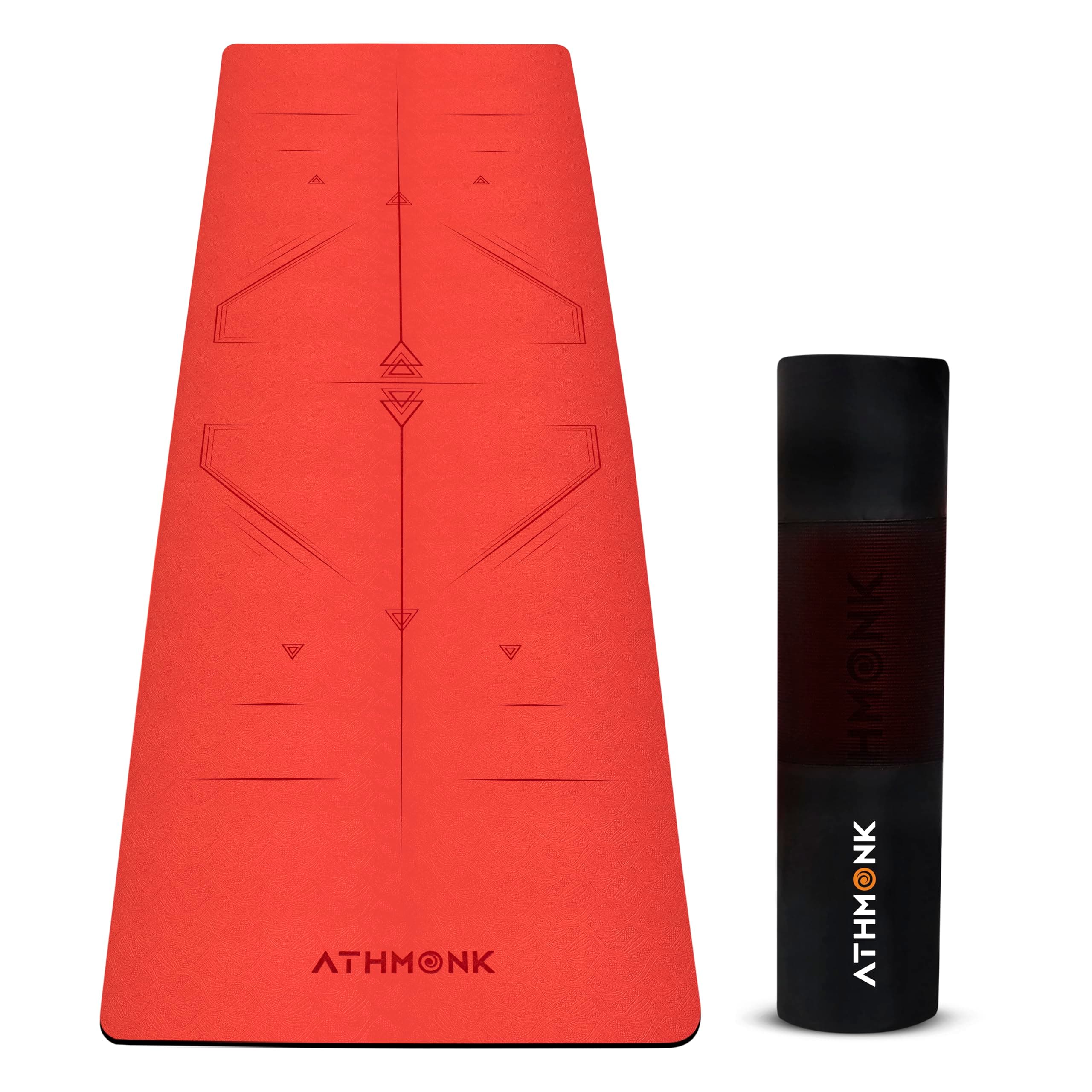 Athmonk Dual Colour TPE Pro Yoga Mat for Woman and Man with Alignment Guide Lines | Home Gym Equipment Exercise Mats for Workout | 6mm Thick Anti Slip Mat for Kids | Big Size with Cover Bag, Red