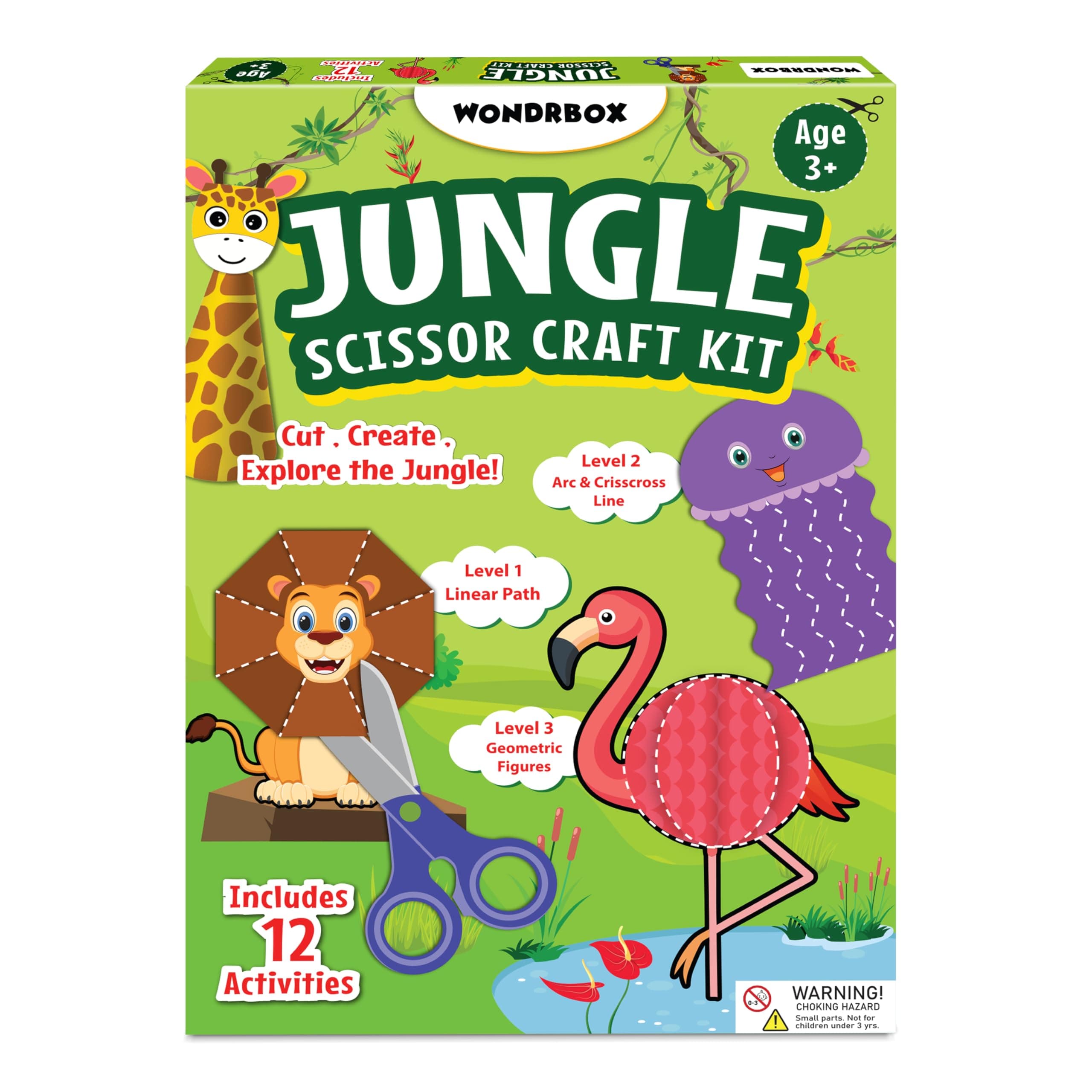 WONDRBOX Scissor Skills Activity Book - Jungle, 12 Fun Cutting & Creative Activities for Preschoolers, 1 Child-Safe Scissors, Fine Motor Skills Craft Kit, Gifts for Kids Ages 3, 4, 5, 6, 7 (Jungle Scissor)