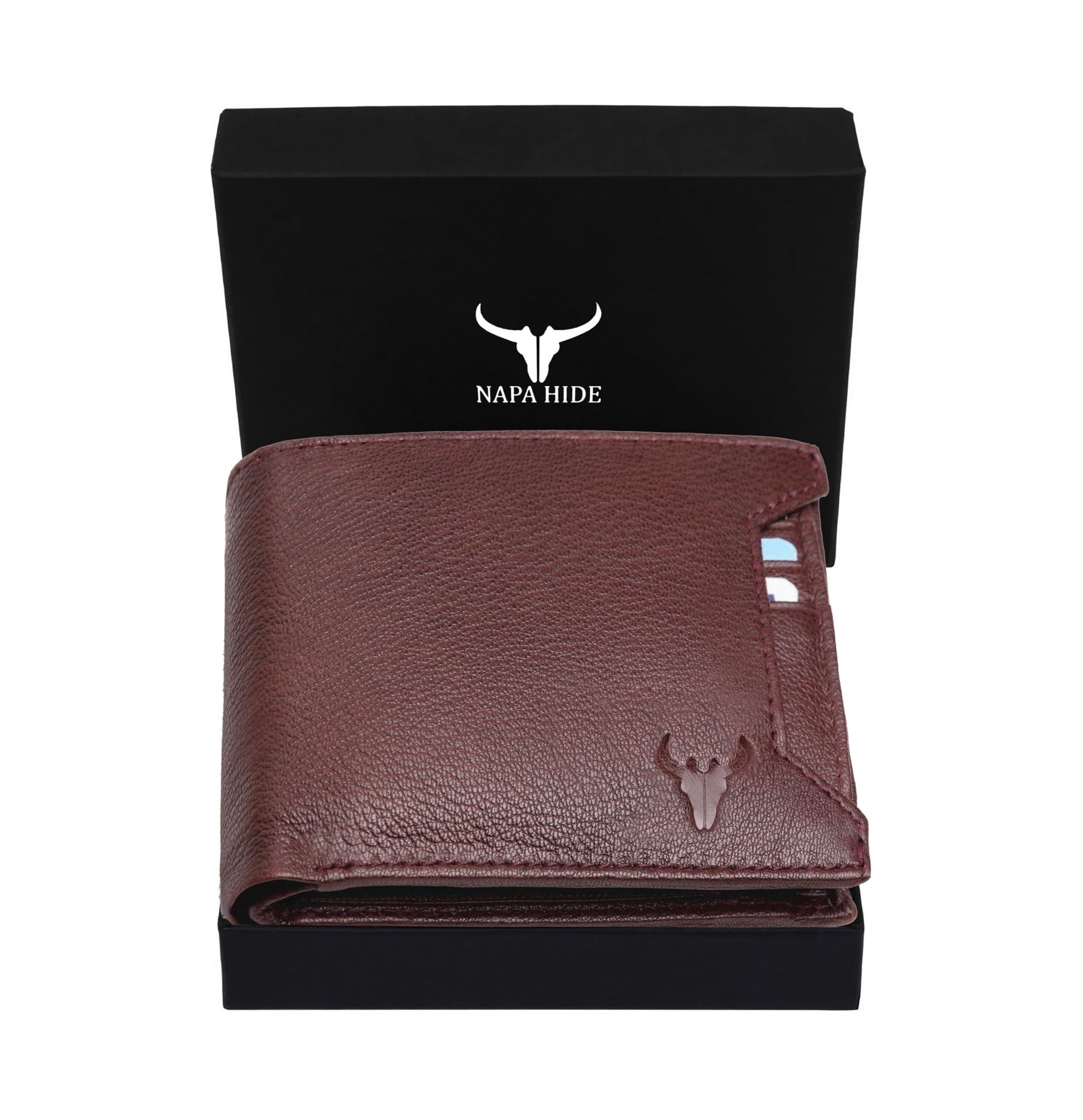 NAPA HIDE Maroon Leather Wallet for Men I 3 Card Slots I 2 Currency Compartments I 1 ID Window I 3 Secret Compartments I External Card Slot I 1 Coin Pocket