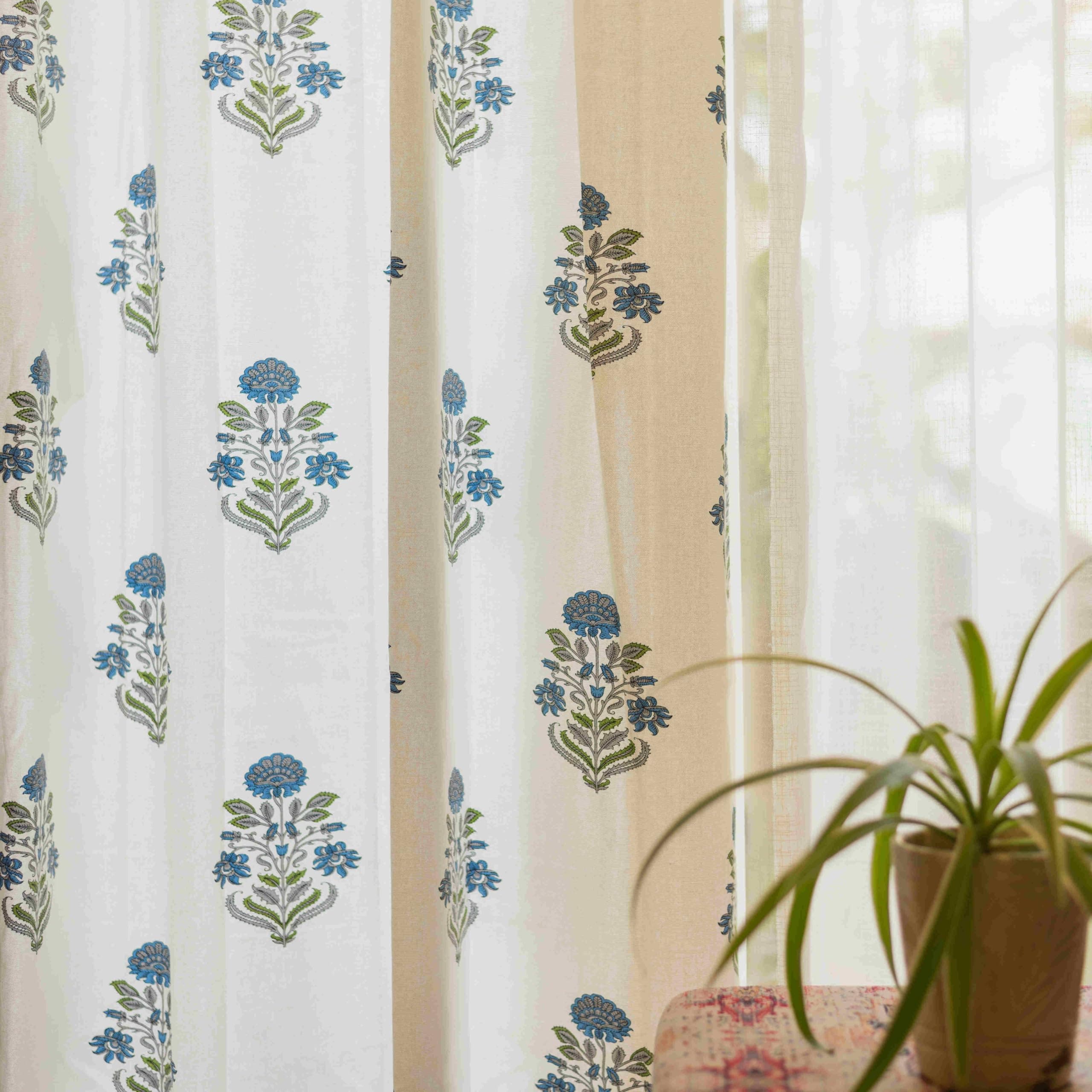 Urban Space 100% Cotton Curtains for Door, 60-65% Light-Filtering Cotton Decorative Curtains 7 feet, Set of 2 Curtains with Eyelets and TieBack(Liberty Blue, Door 7 Feet X 4 Feet)
