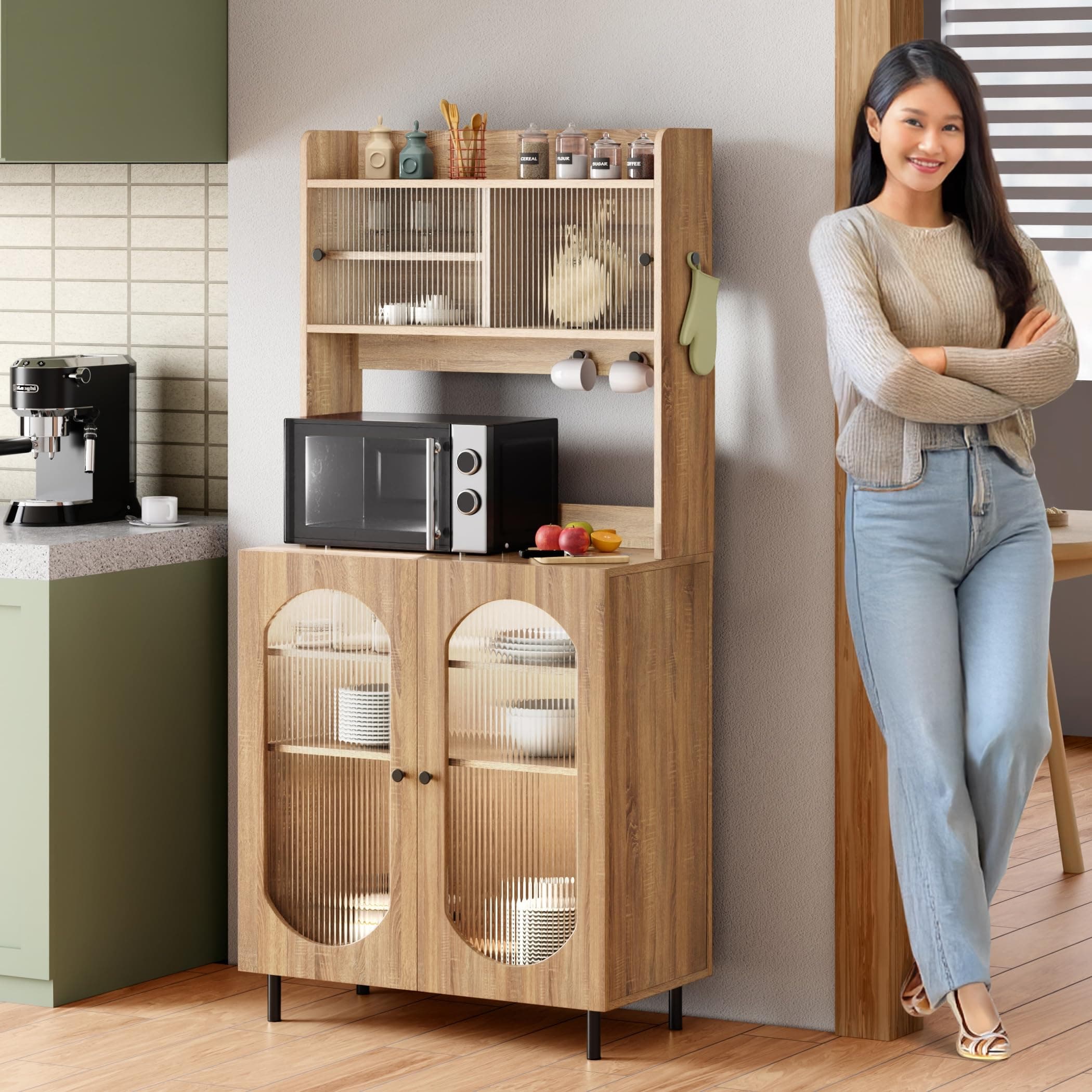 Rocco Stellar Multipurpose Storage Cabinet | Engineered Wood Sideboard for Living Room, Kitchen & Office | Adjustable Shelves, Auto LED Lights & Soft-Close Doors (Oak, Medium Size with Upper Storage)