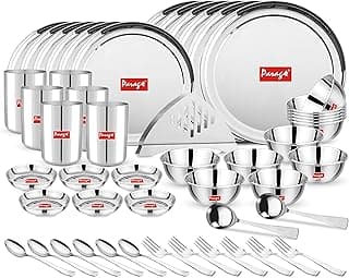 Parage 51 Pieces Heavy Gauge Sanskriti Dinner Set/Premium Dinnerware for Home/Steel Bartan Set for Kitchen, Silver (Serves 6 People),Solid