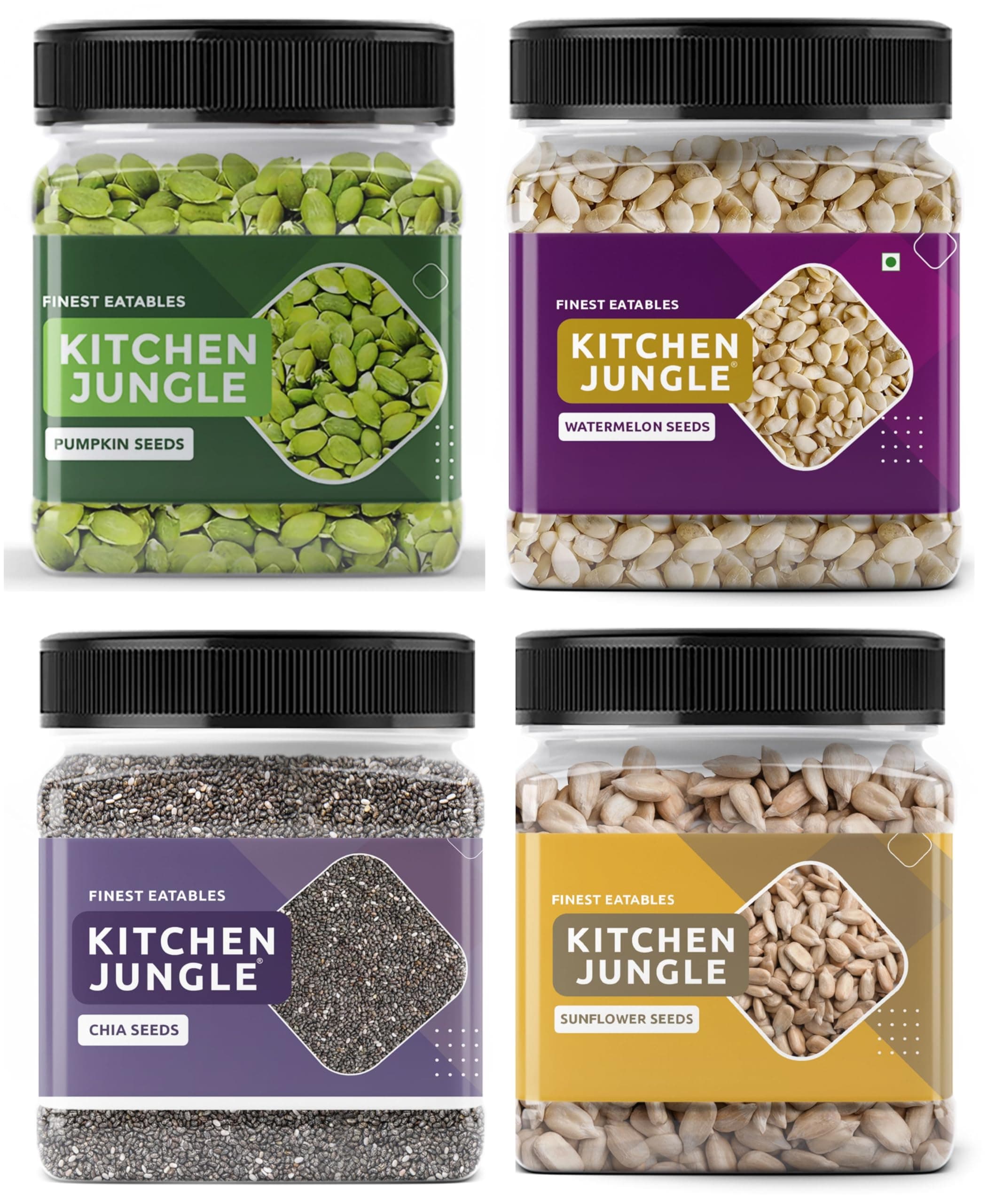 Kitchen Jungle Raw Seeds Mix for Eating - 1kg - Chia, Sunflower, Pumpkin & Watermelon (250g*4 Pack) (Super Saver Combo)